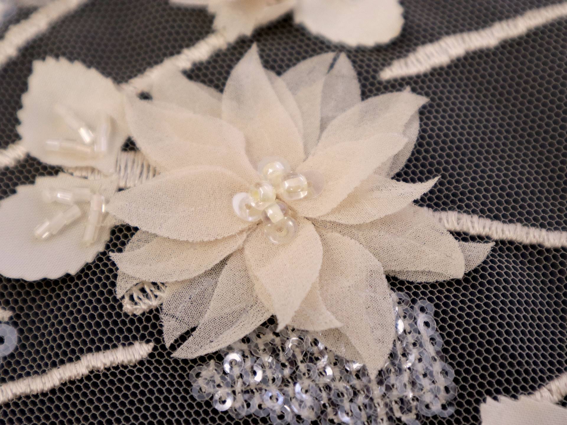Beaded Tulle with Floral Appliqués in Champagne