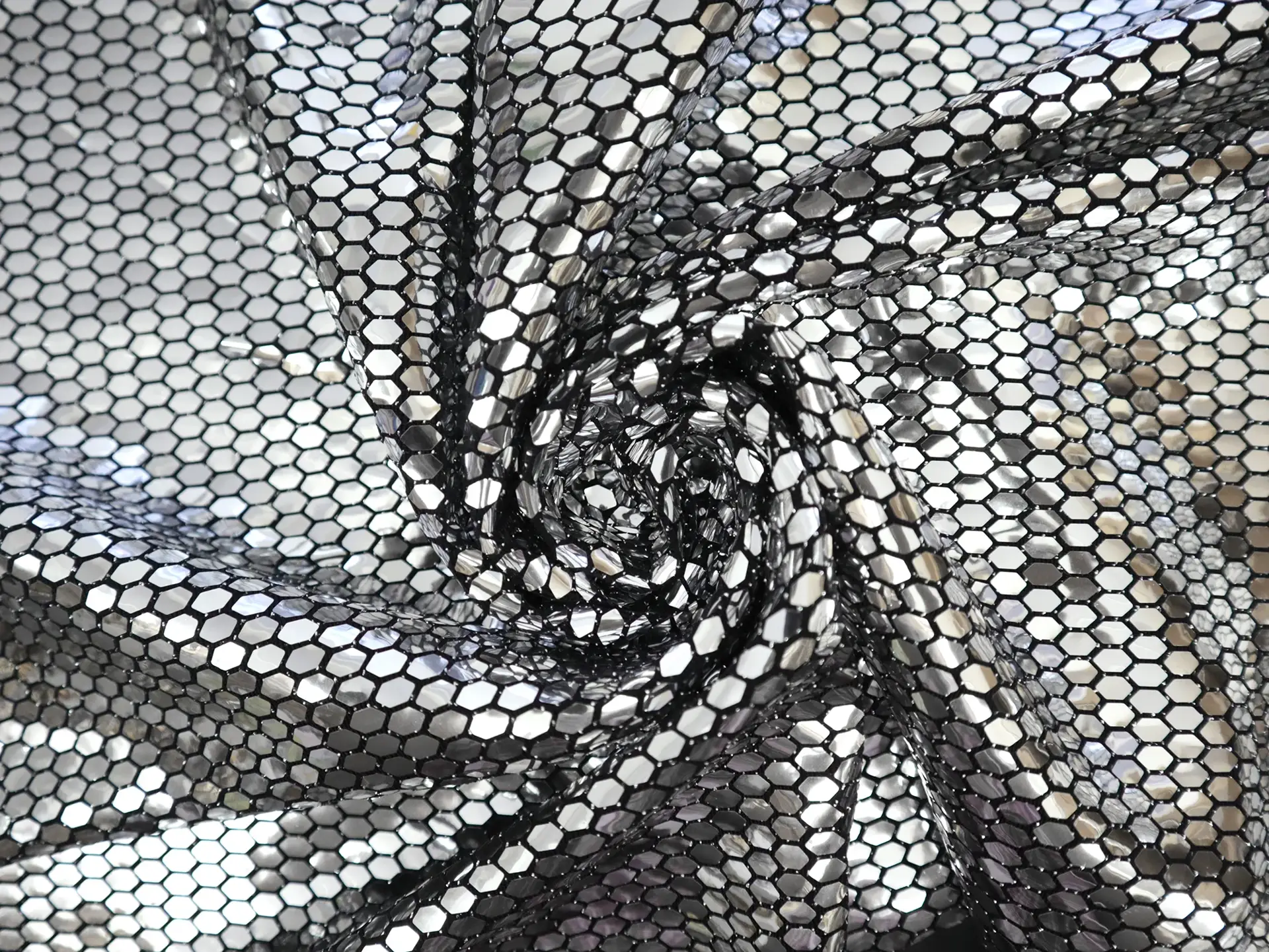 Metallic Silver Hexagons on Rayon Blend Jersey