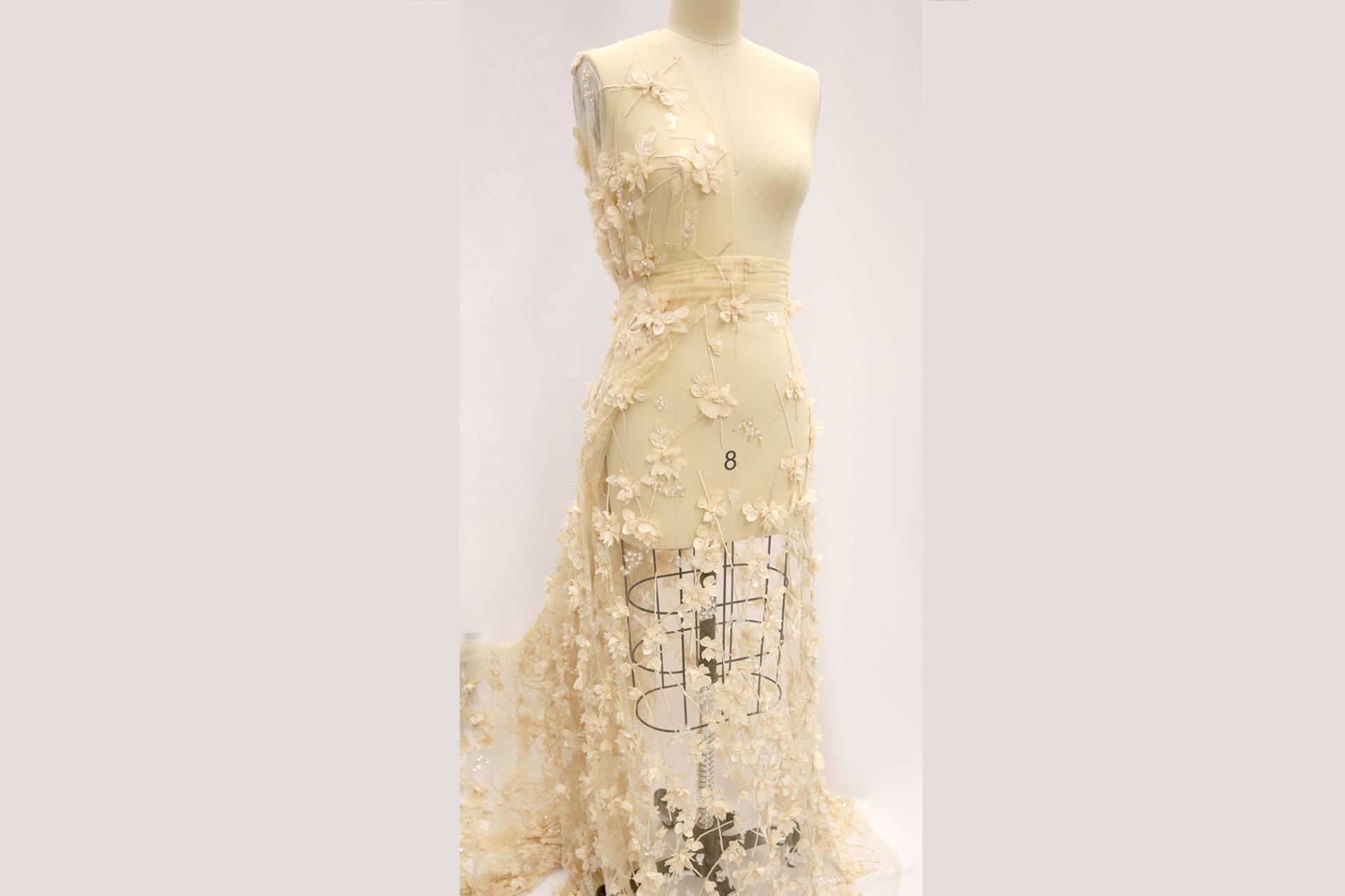 Beaded Tulle with Floral Appliqués in Champagne