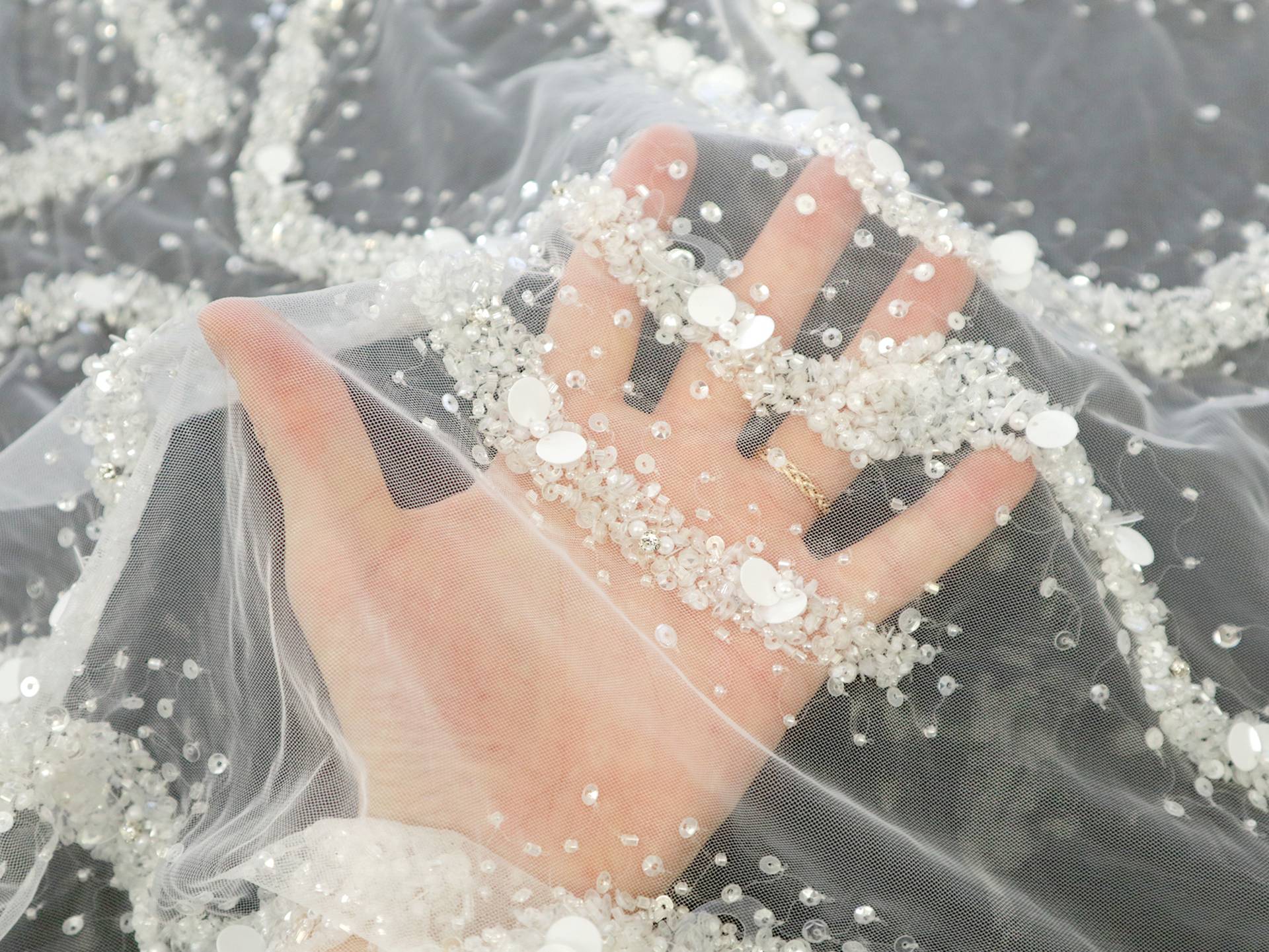 Beaded Tulle in Ivory