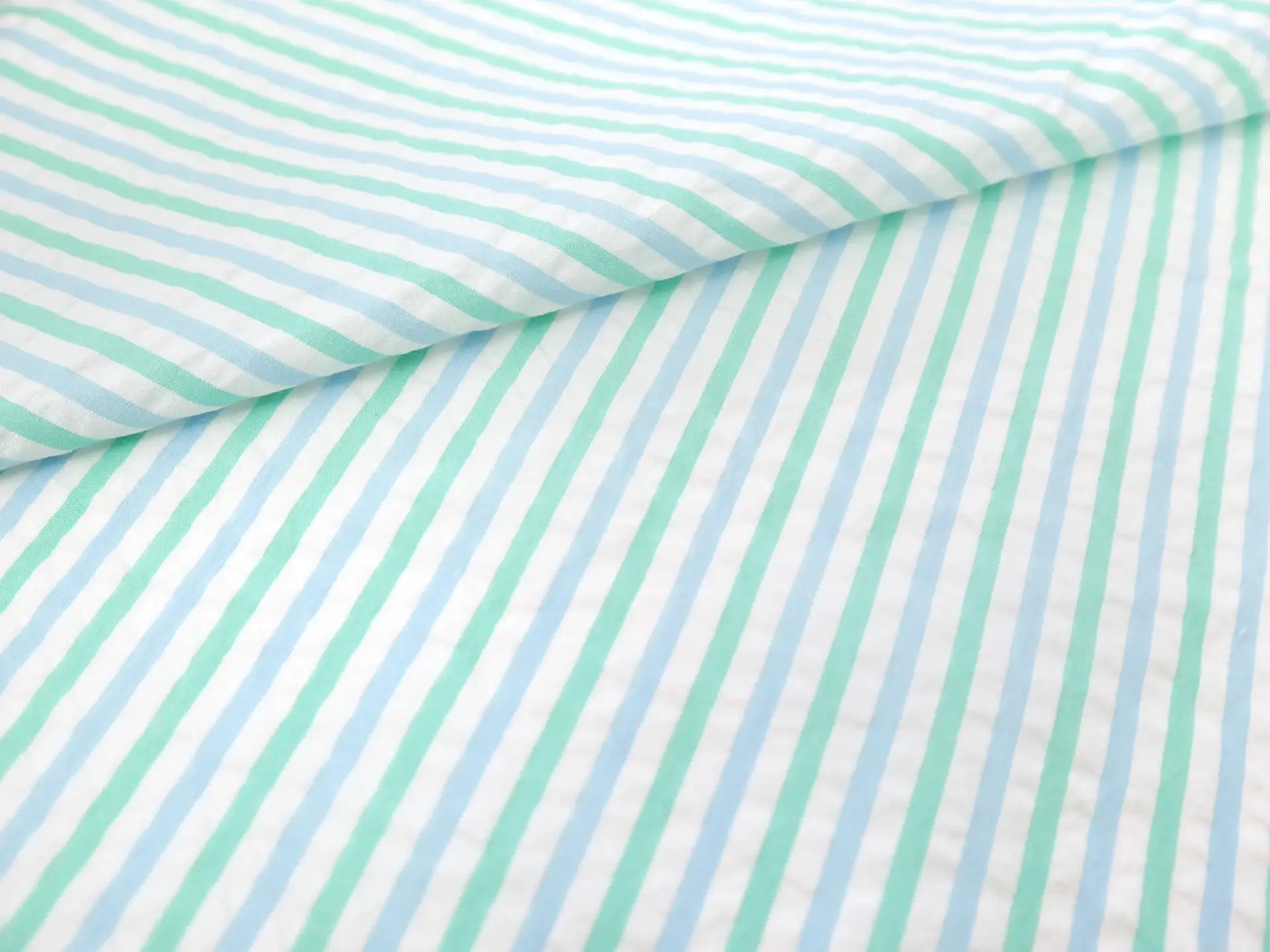 Cotton Seersucker in Blue Ivory and Mint