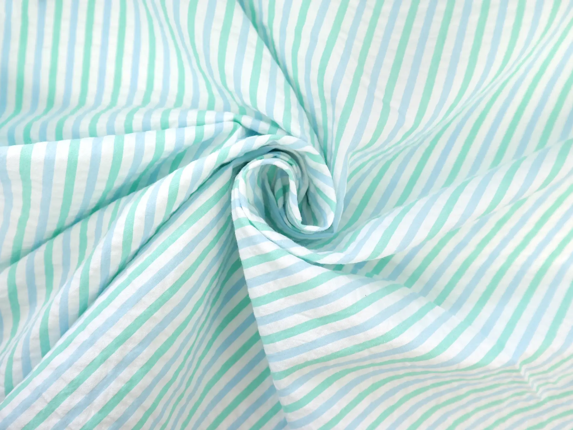 Cotton Seersucker in Blue Ivory and Mint