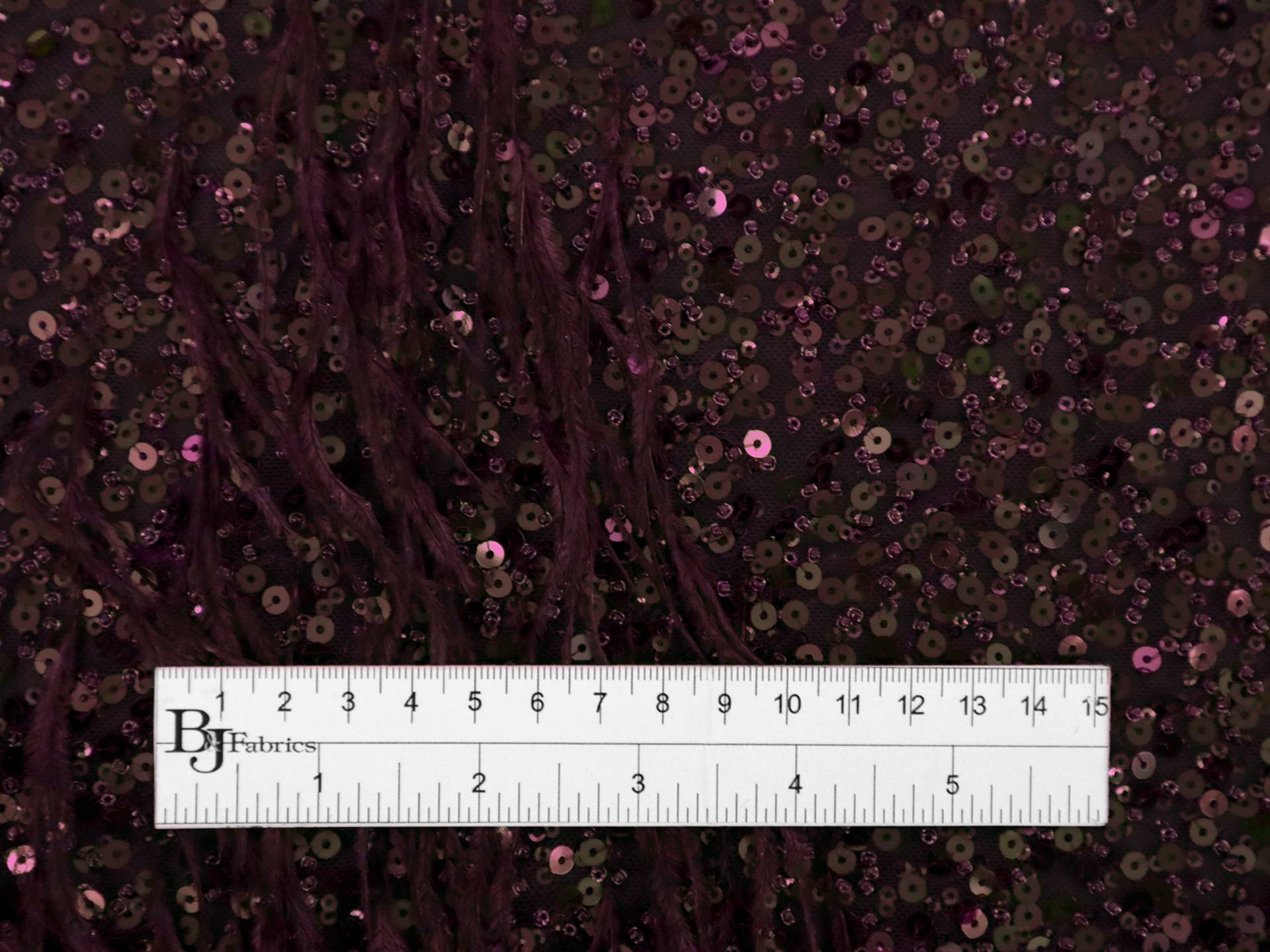 Feathers on Beaded Tulle in Plum