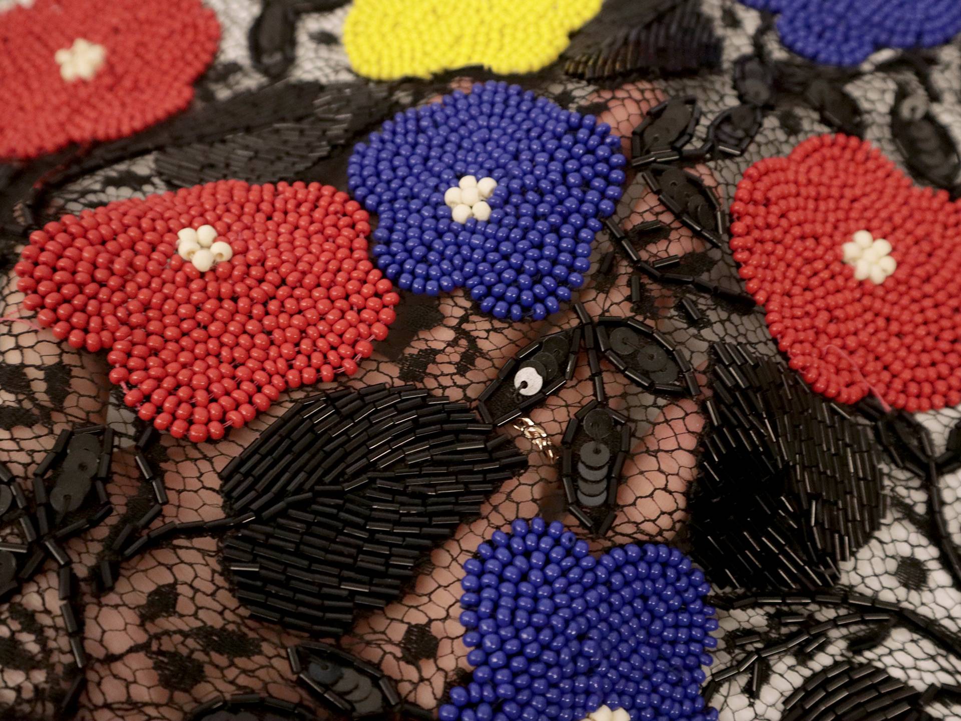 Beaded Chantilly Lace with Florals in Primary Colors