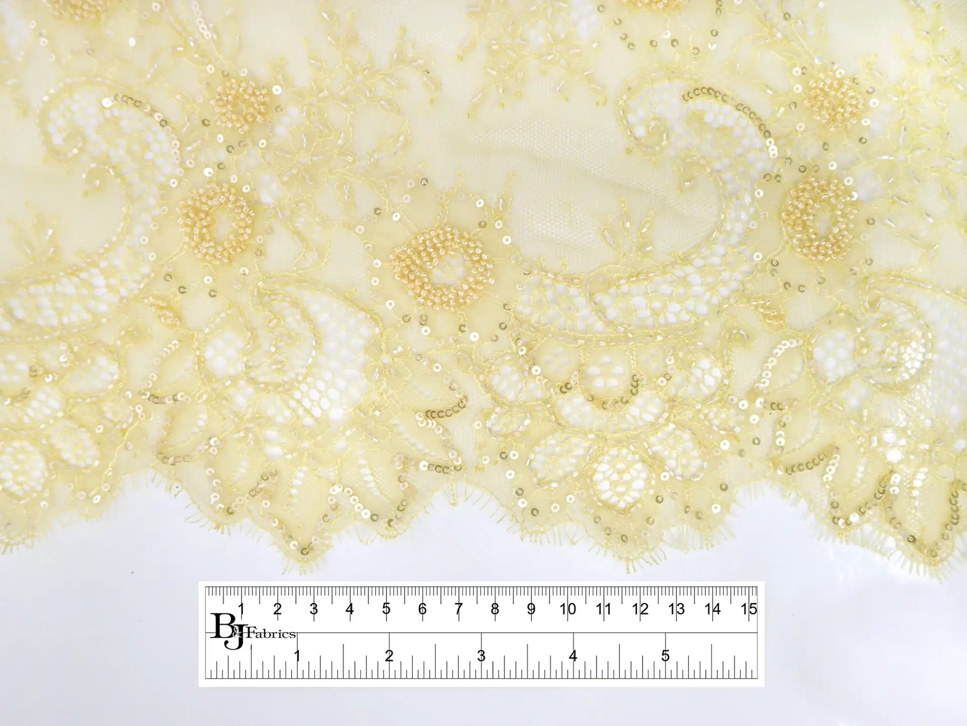 Beaded Chantilly Lace with Botanical Motif in Citron