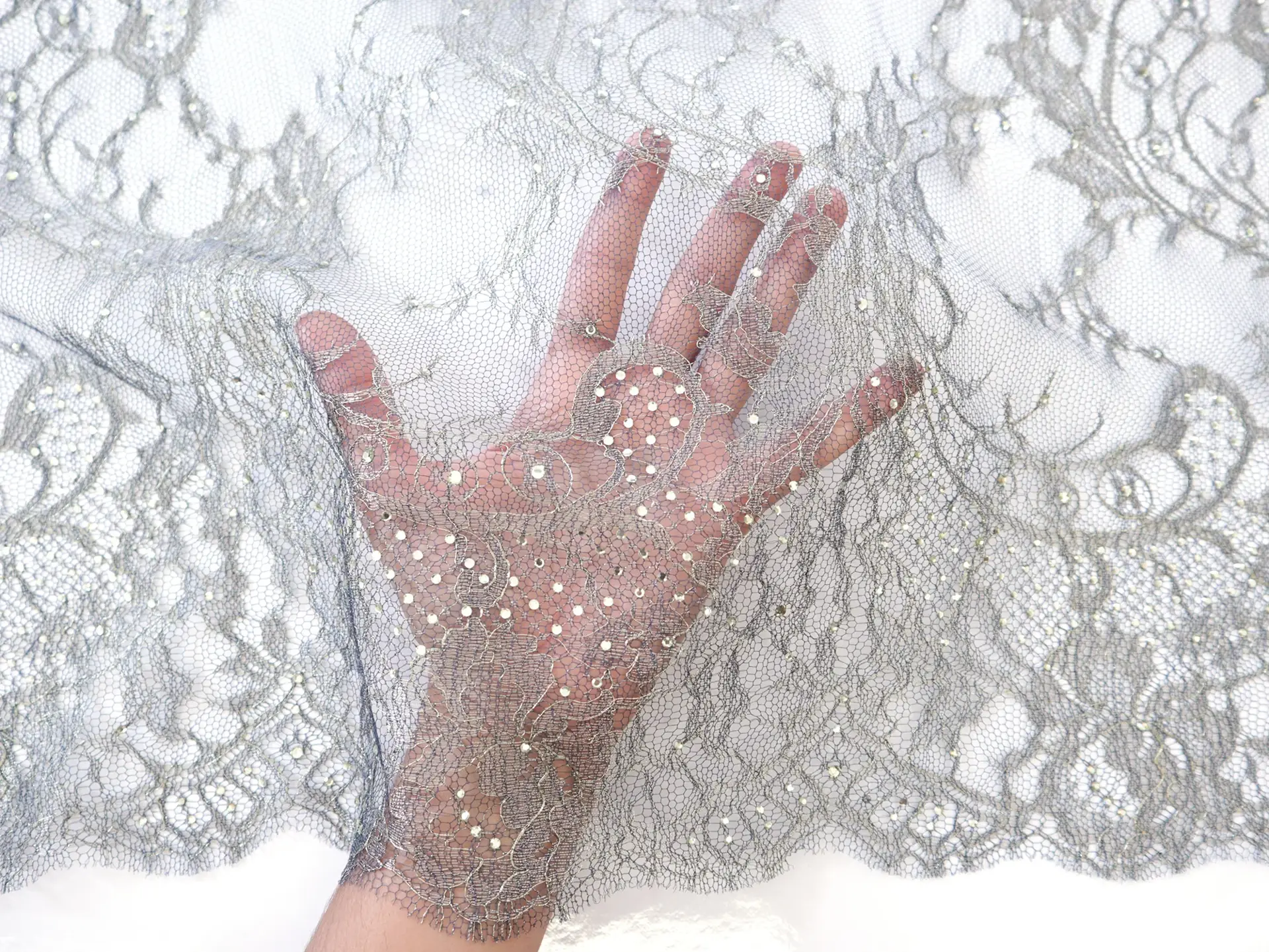 Metallic Chantilly Lace with Floral Filigree in Gold and Teal