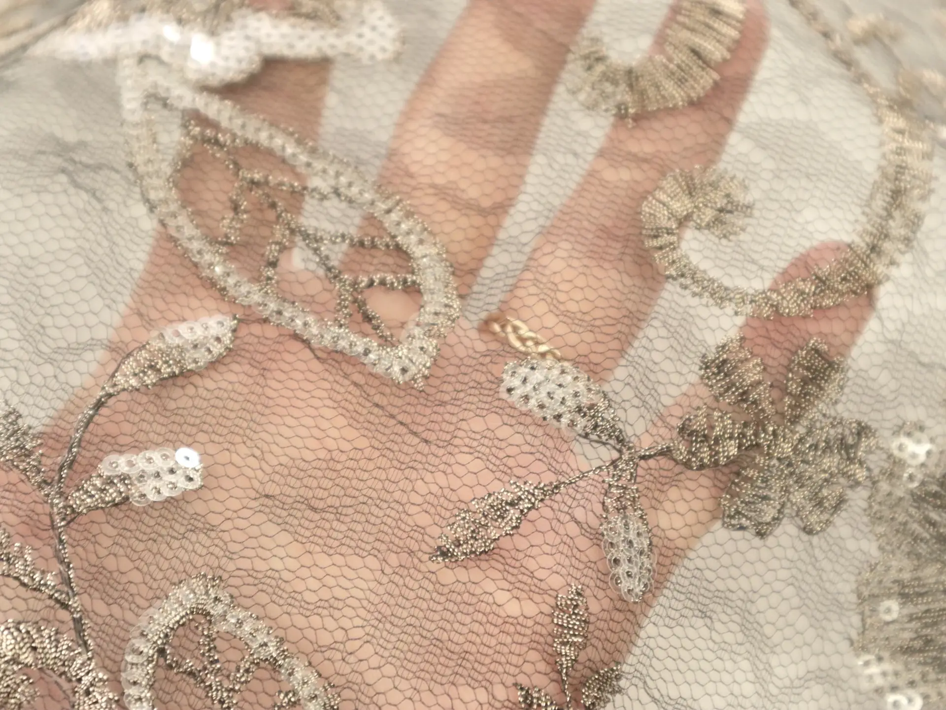 Embroidered Tulle with Floral Pattern in Antique Gold