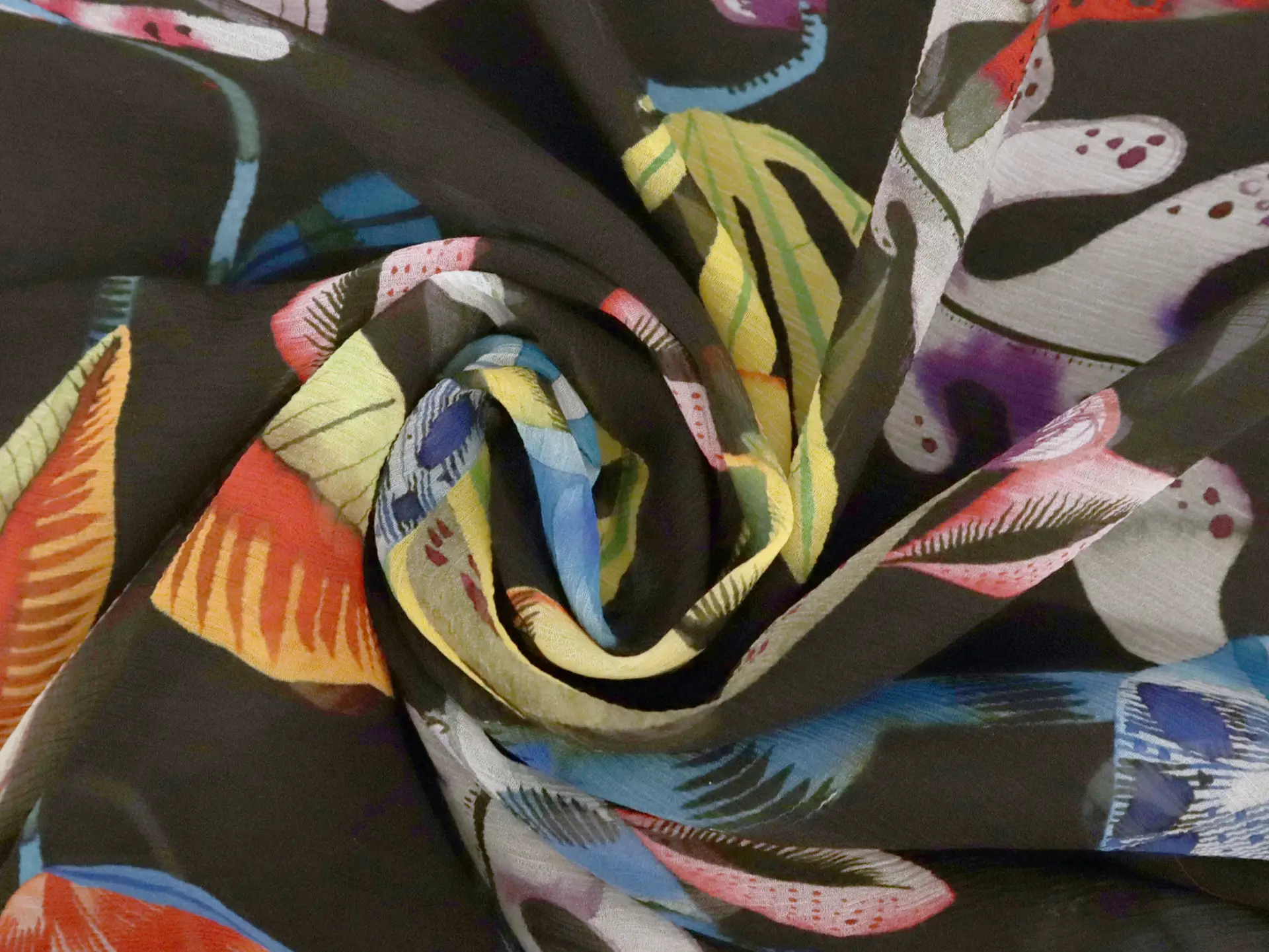 Crinkled Silk Chiffon with Floral & Animal Print On Black Background