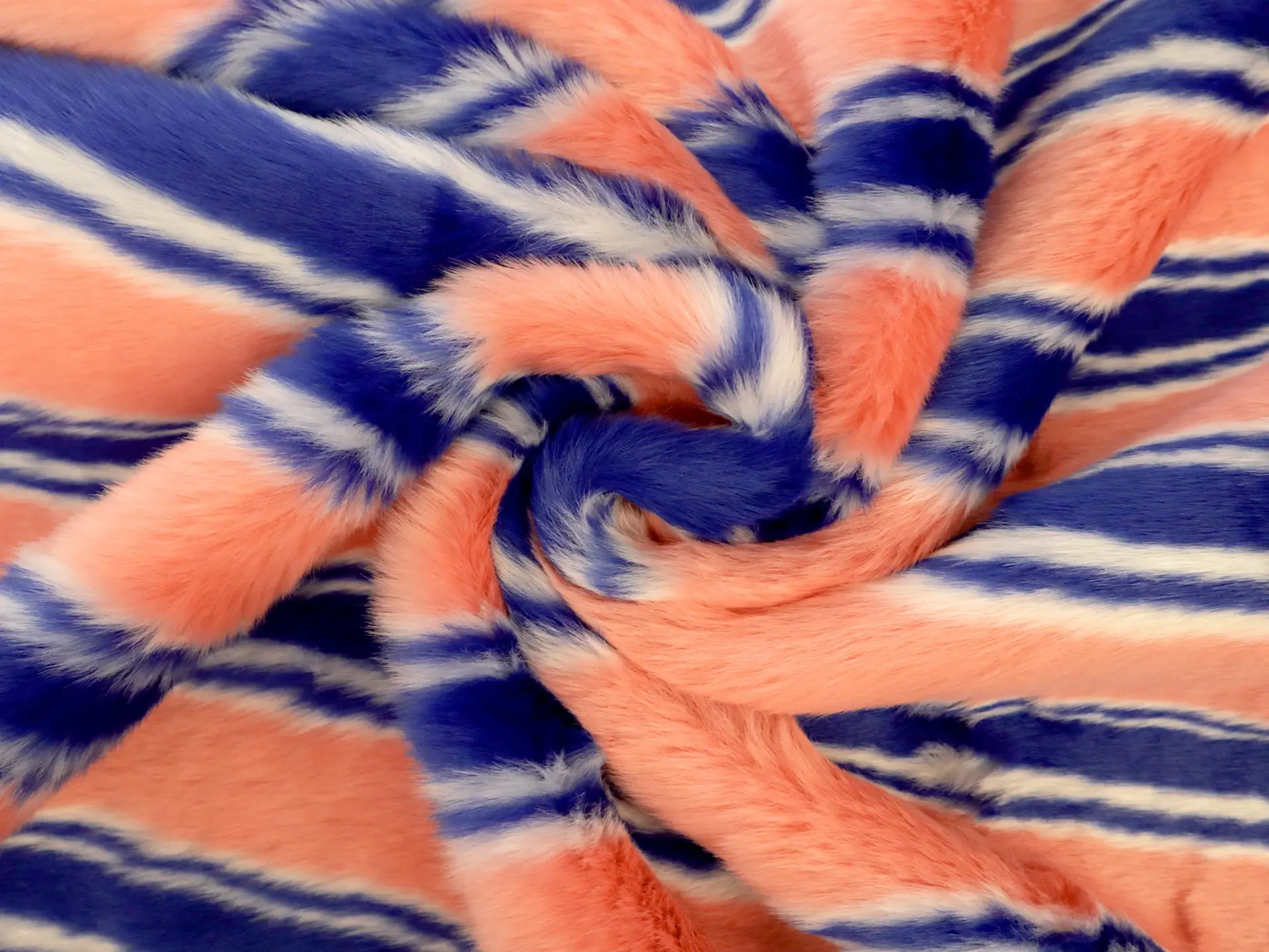 Faux Fur with Royal Blue, Peach, and White Stripes