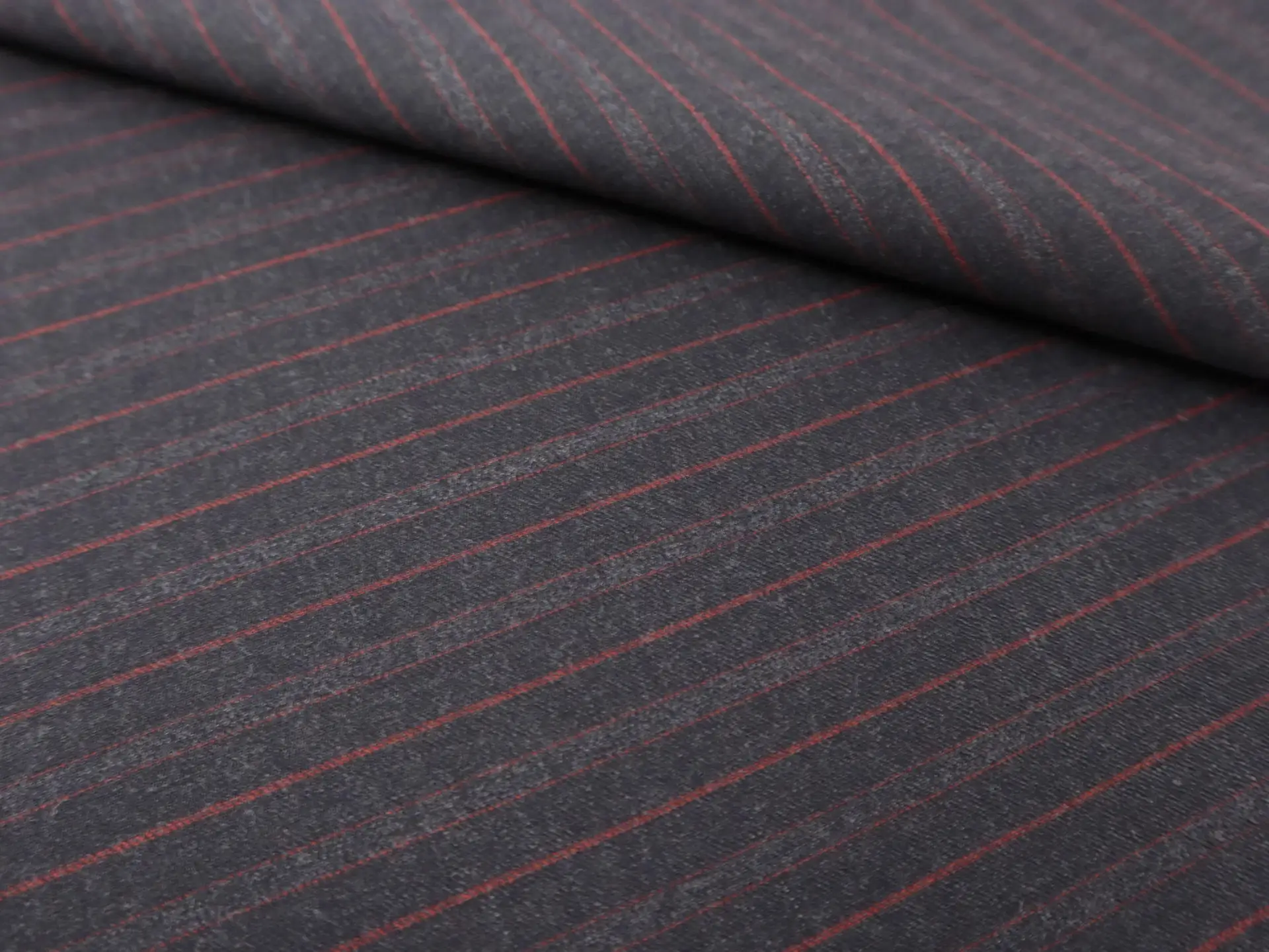 Wool Fine Flannel Striped Suiting in Charcoal & Red