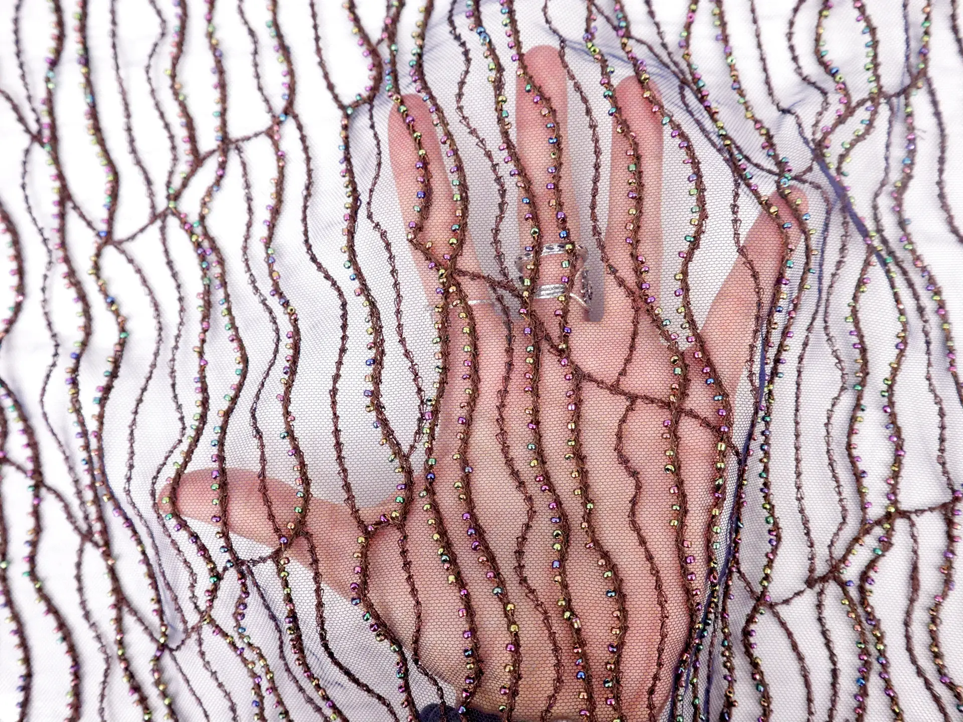 Beaded Tulle in Navy with Iridescent Beads
