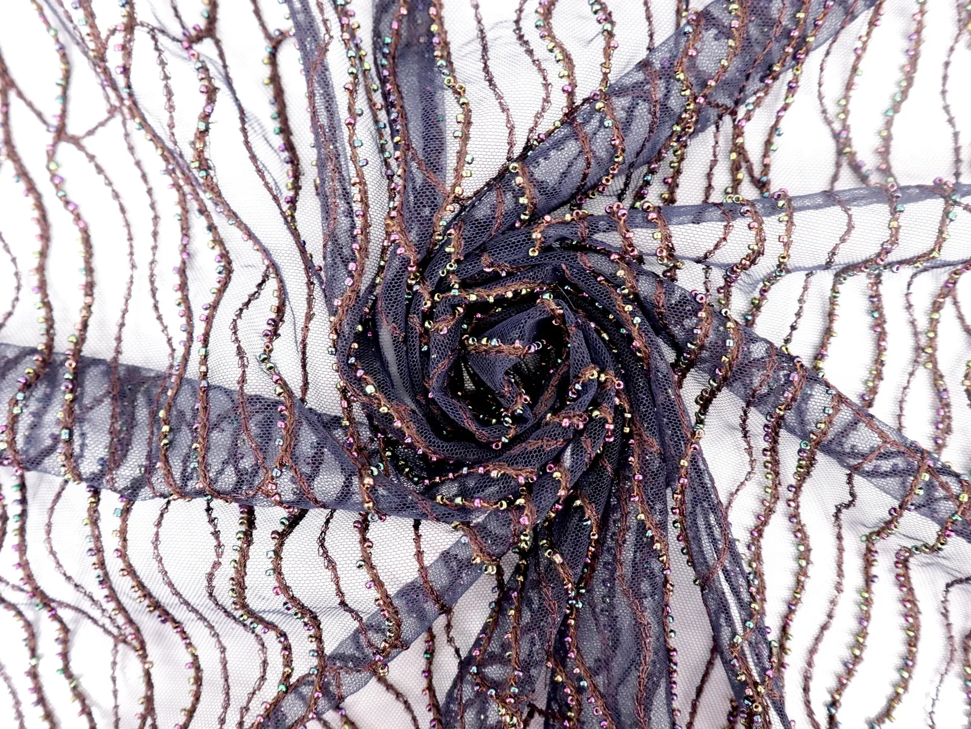 Beaded Tulle in Navy with Iridescent Beads