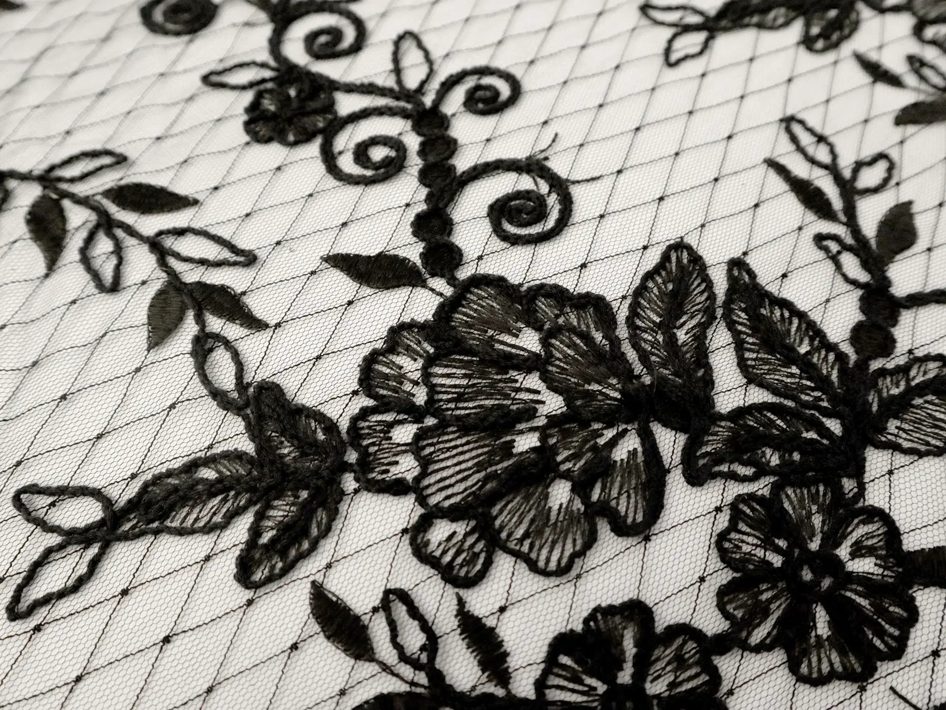 Embroidered Novelty Tulle with Floral Pattern in Black