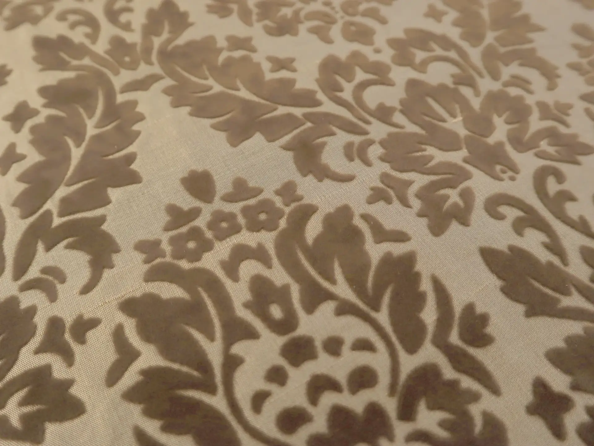 Flocked Silk Shantung with Classic Decorative Pattern in Taupe & Brown