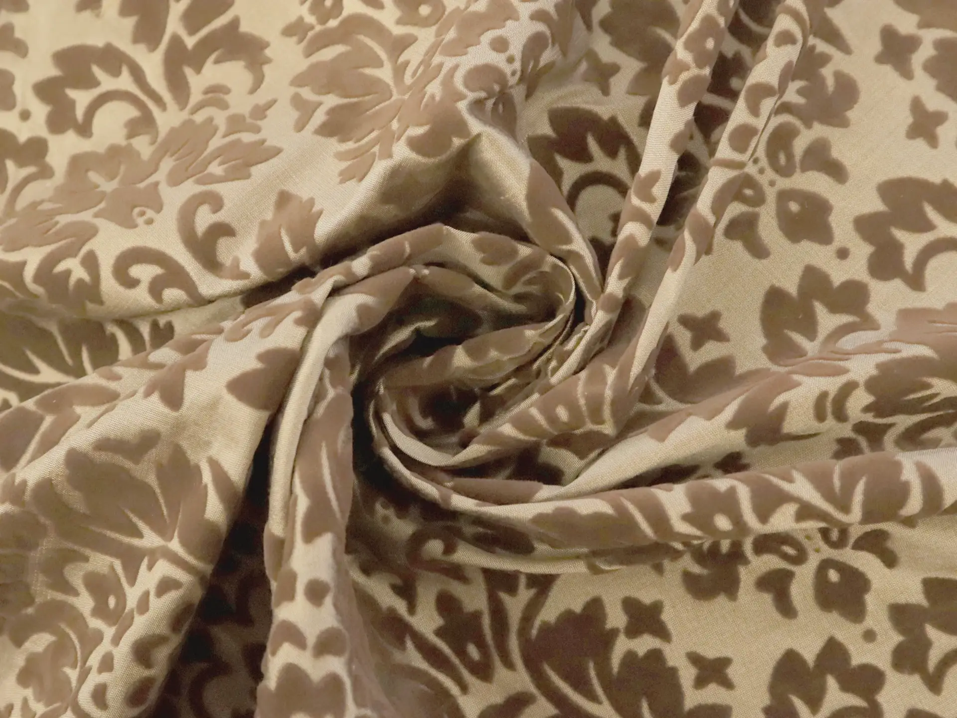 Flocked Silk Shantung with Classic Decorative Pattern in Taupe & Brown
