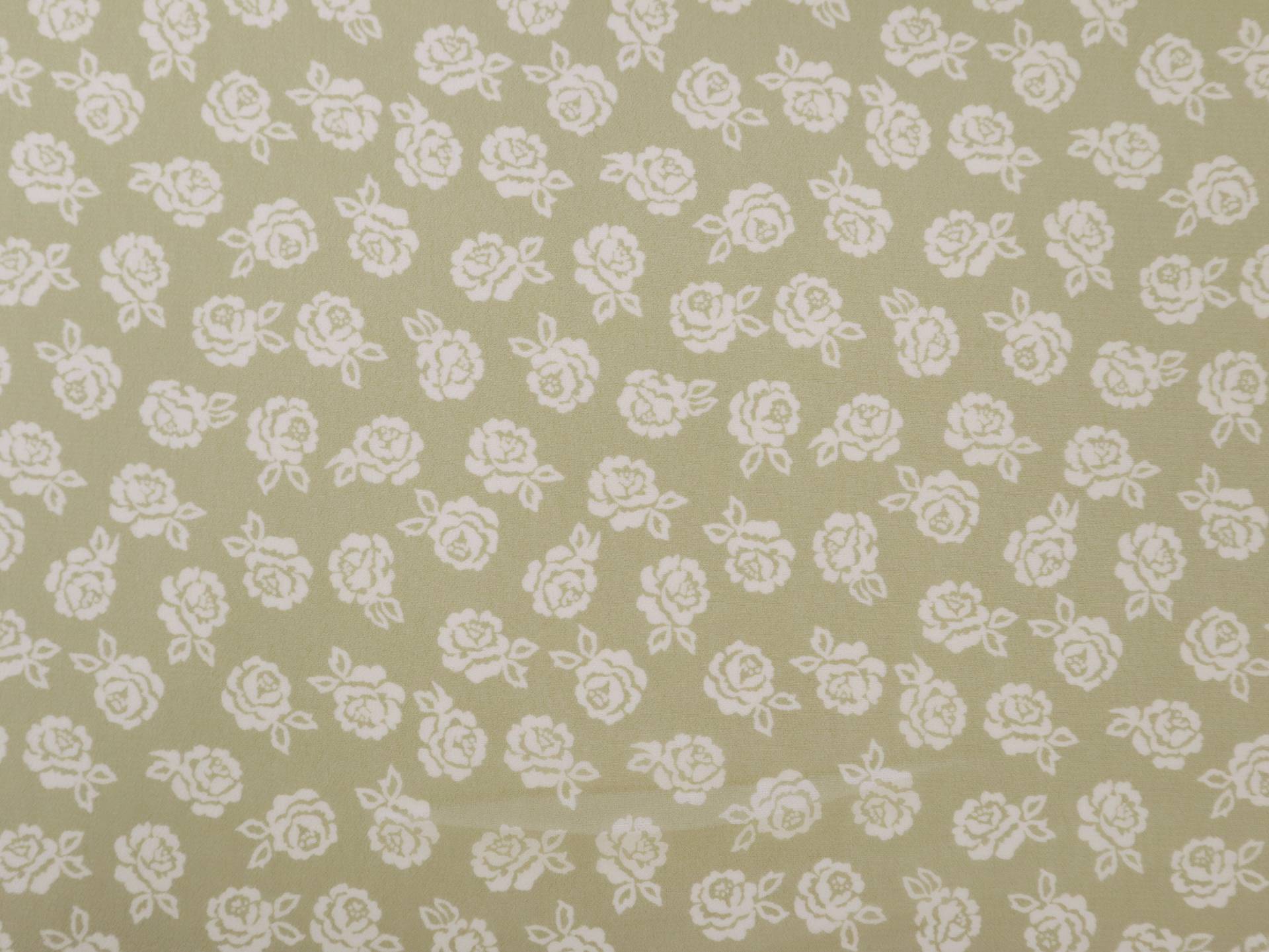 Printed Silk Chiffon with Roses in White and Sage Floral On Chestnut Background