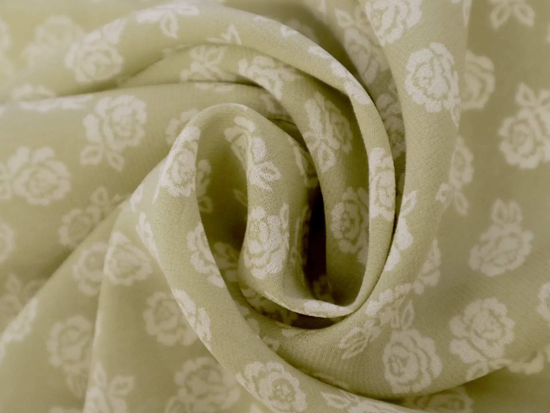 Printed Silk Chiffon with Roses in White and Sage Floral On Chestnut Background