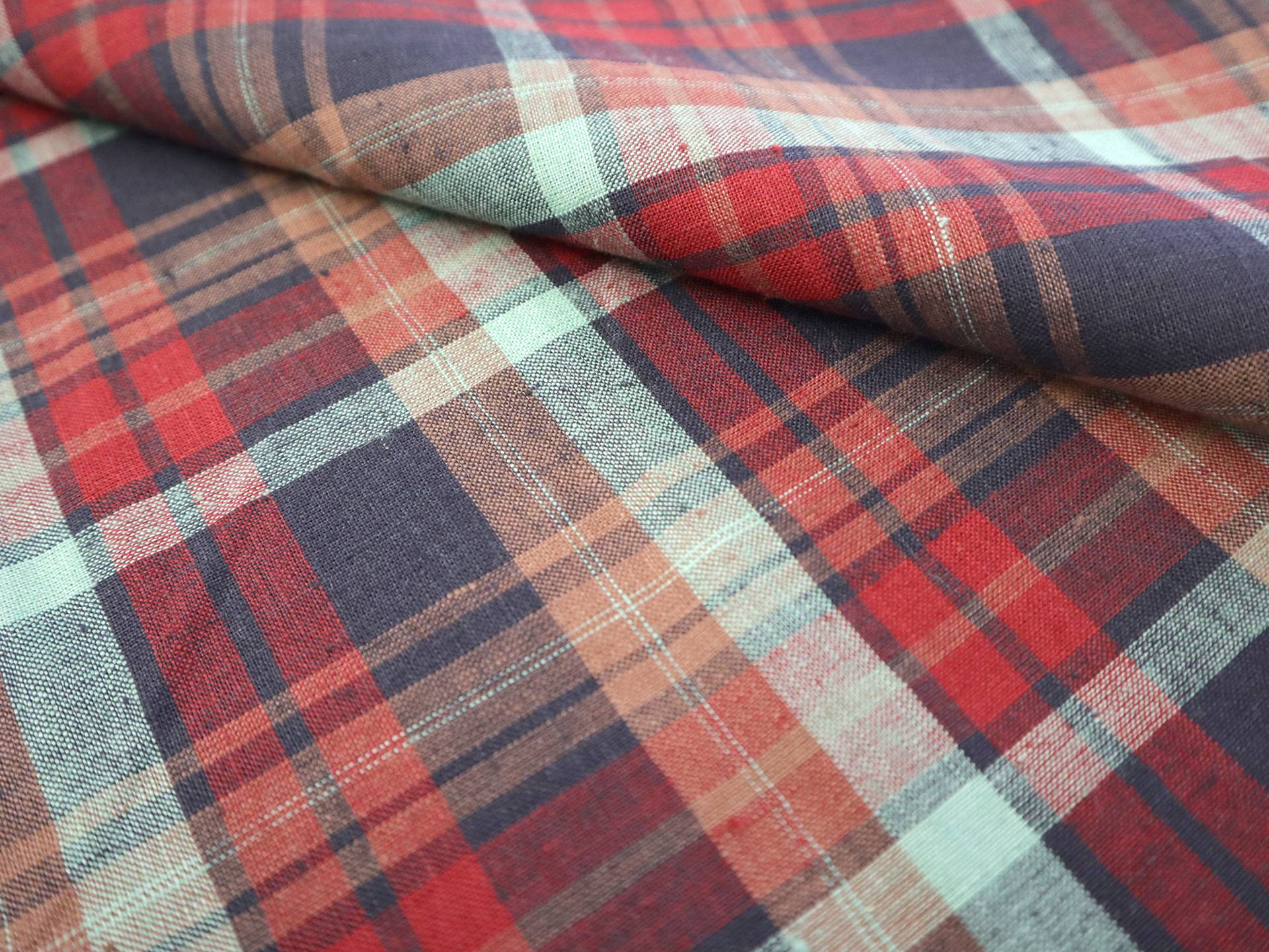Light Weight Linen Plaid in Red, Navy & Mint