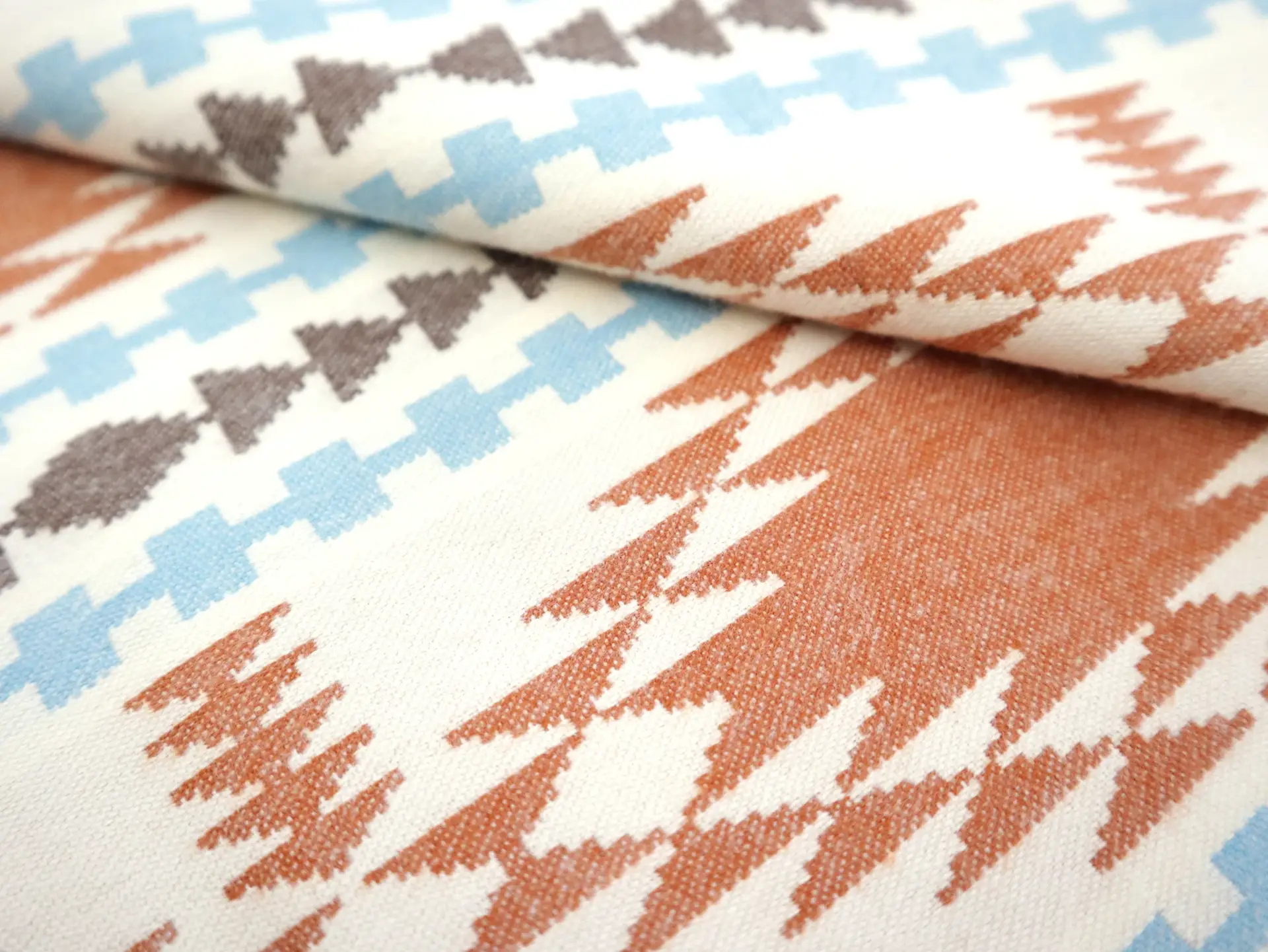 Cotton Flannel with Taos Stripes in Ivory Burnt Orange Sky Blue