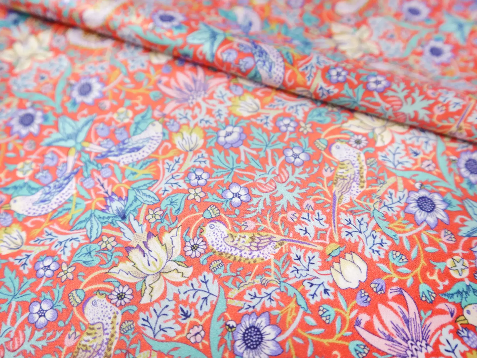 Liberty Silk Charmeuse Bird Print in Coral