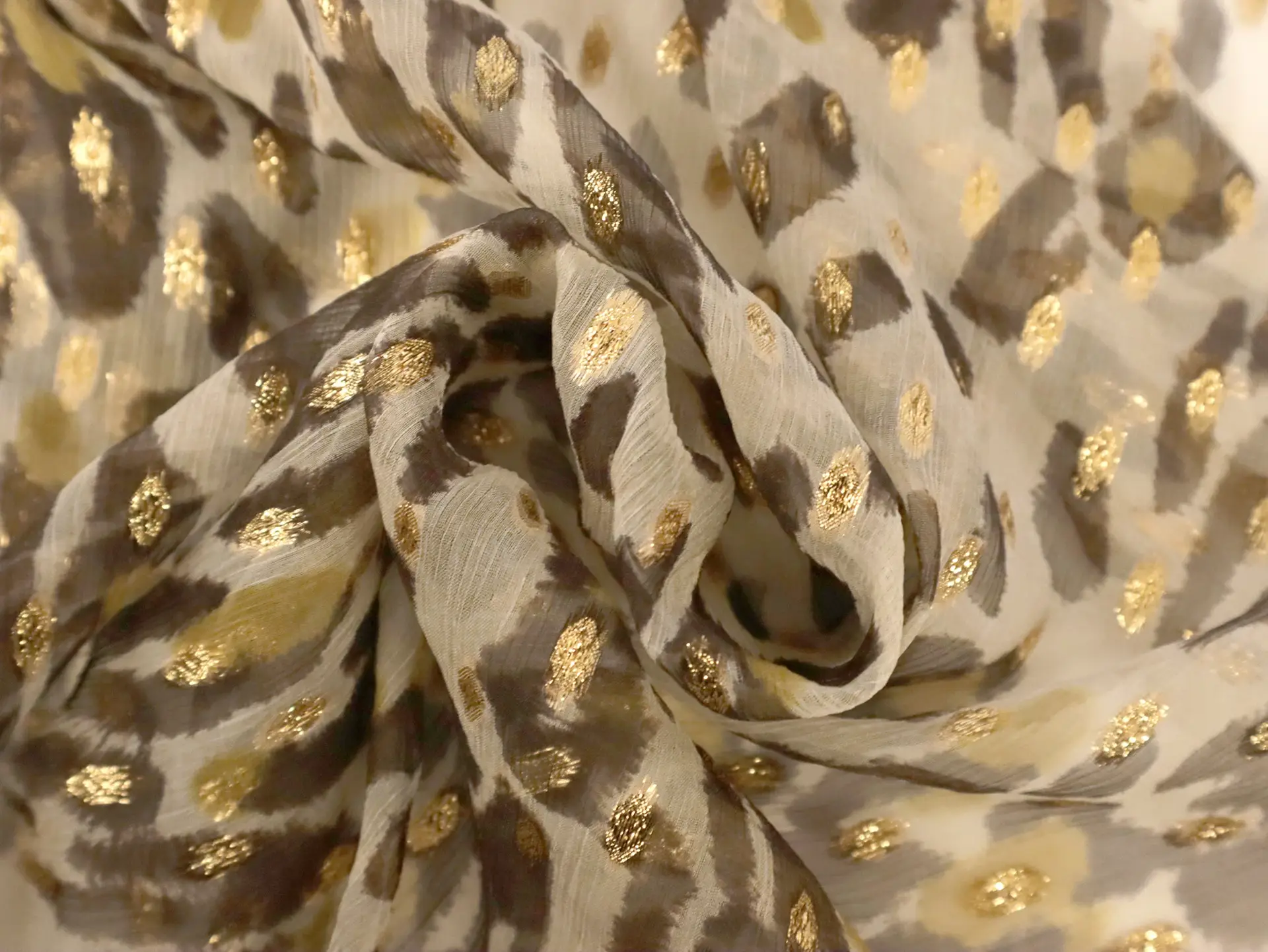 Printed Fil Coupé Silk Chiffon with Metallic Gold Dots On Chestnut Background