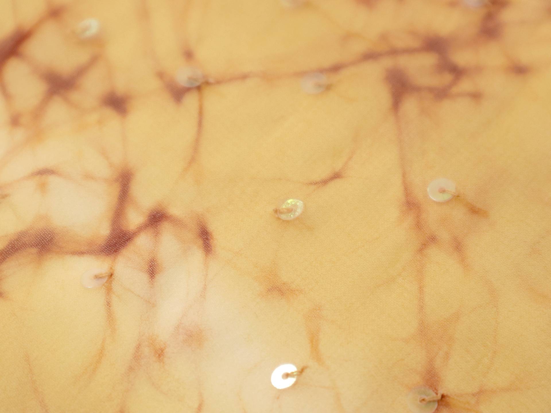 Sequins on Silk Chiffon Yellow White Green Dots Maroon Stripes On Orange Background