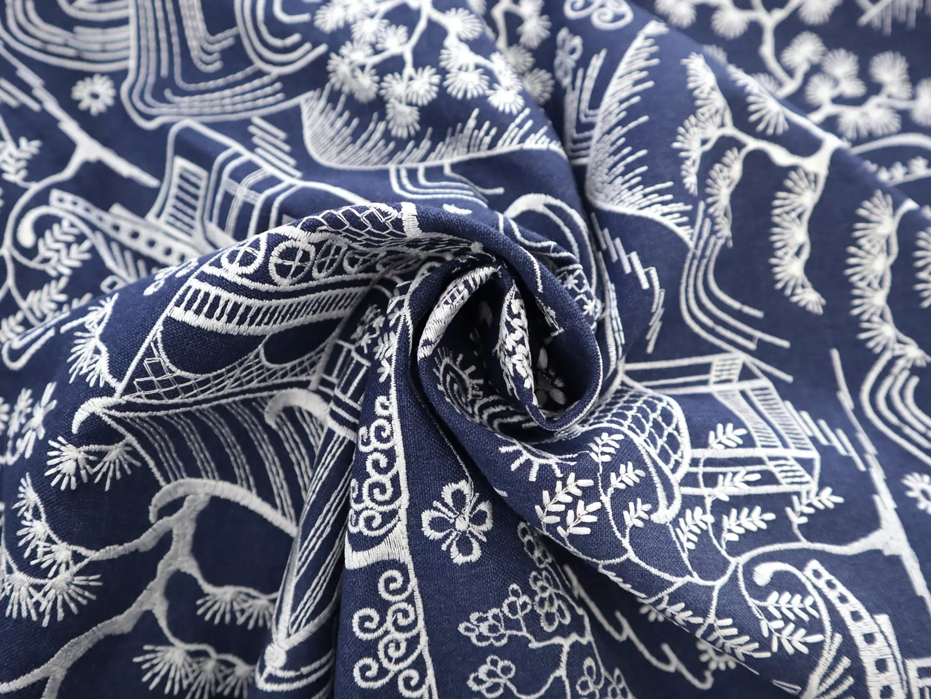 Embroidered Poly Cotton Upholstery in Indigo