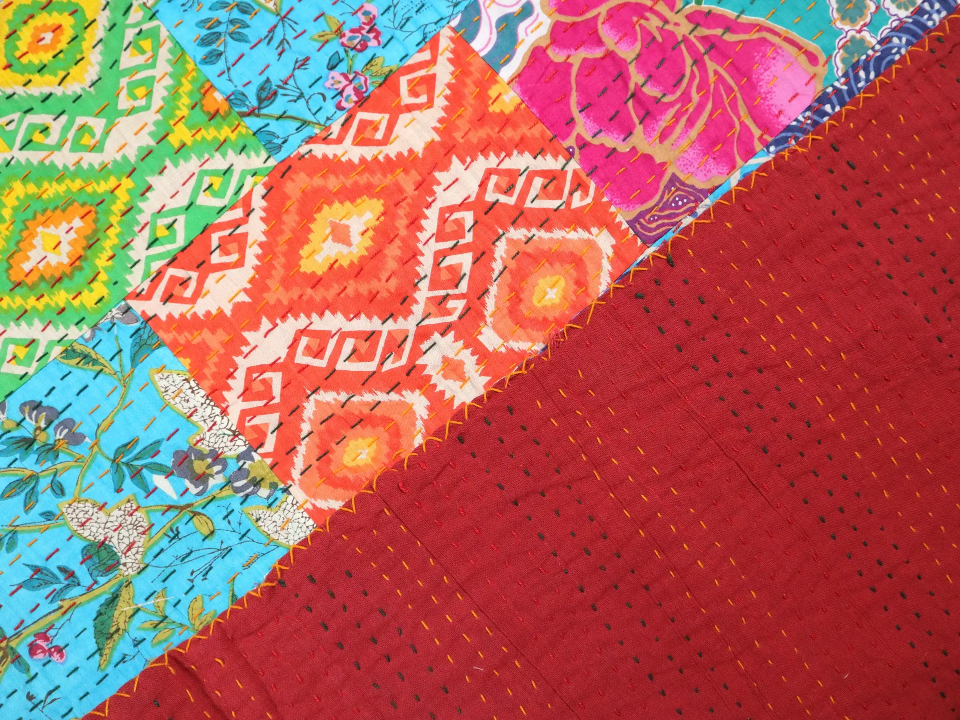 Hand Stitched Cotton Patchwork with Multicolored Patterns