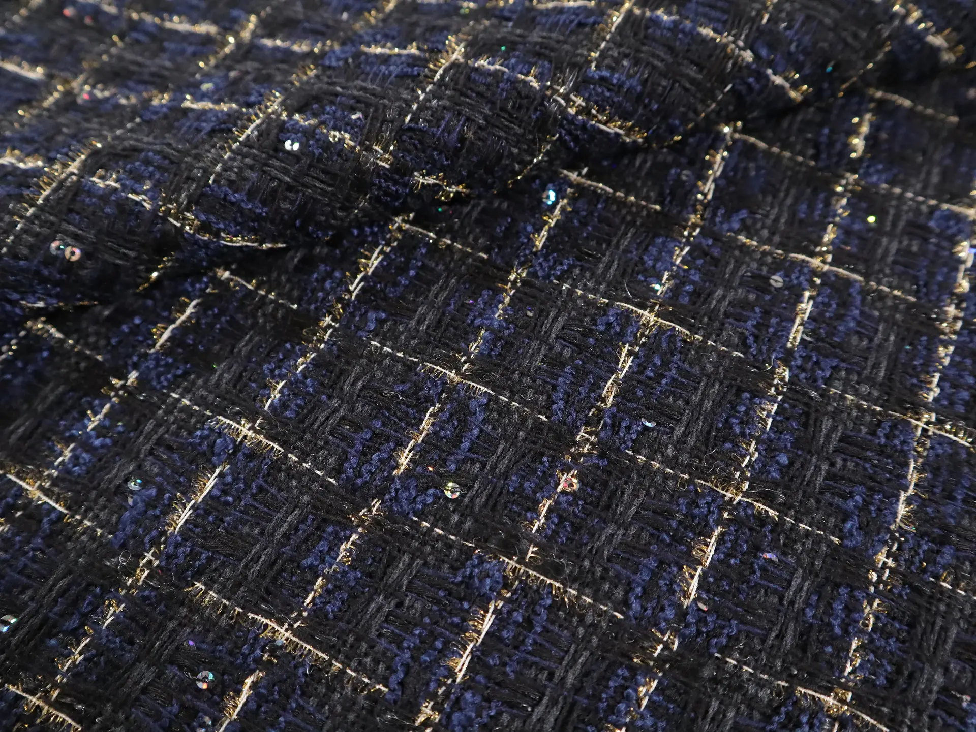 Metallic Tweed with Plaid Pattern in Black & Navy