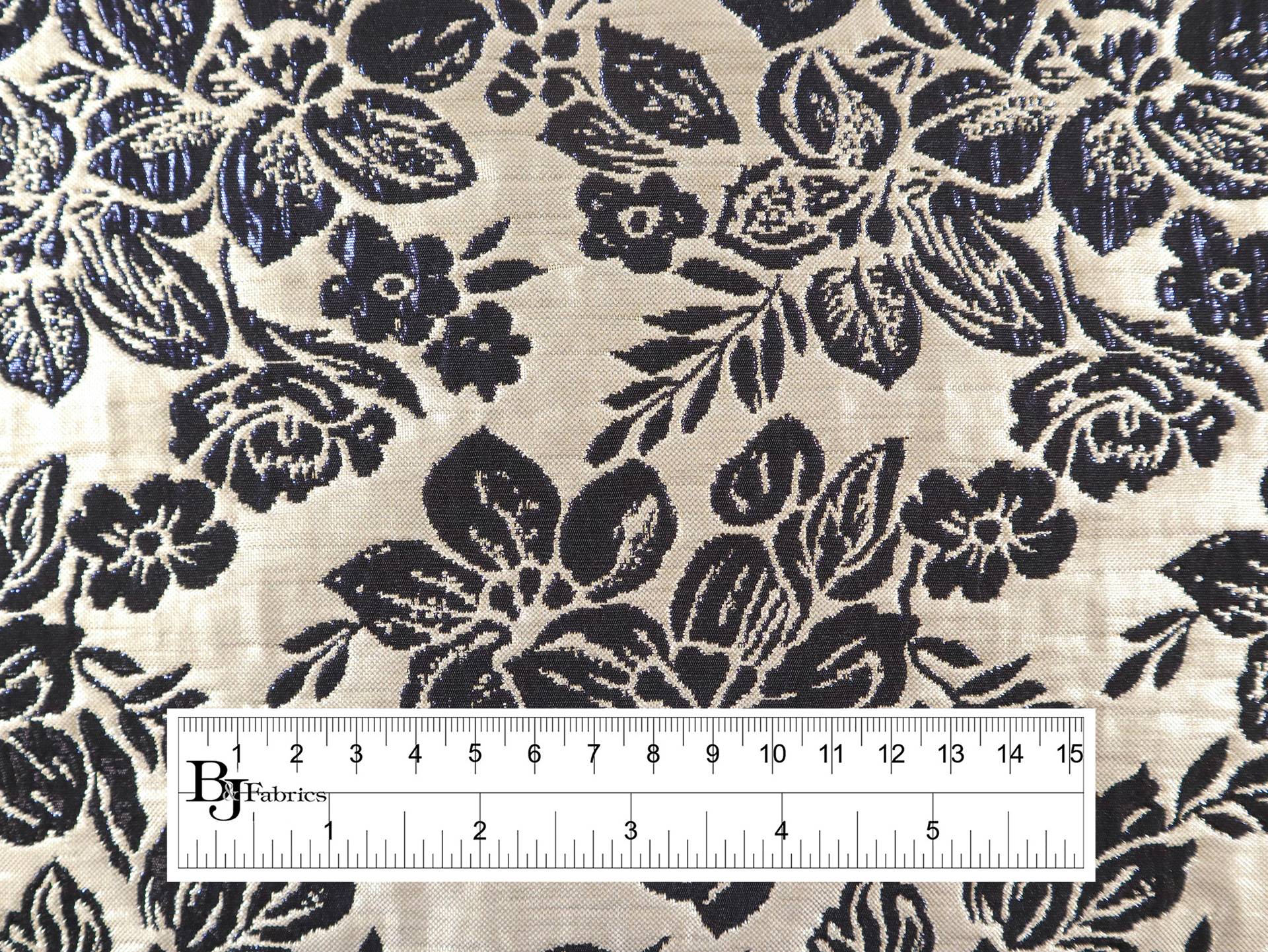 Metallic Brocade with Tropical Florals in Blue & Pale Gold