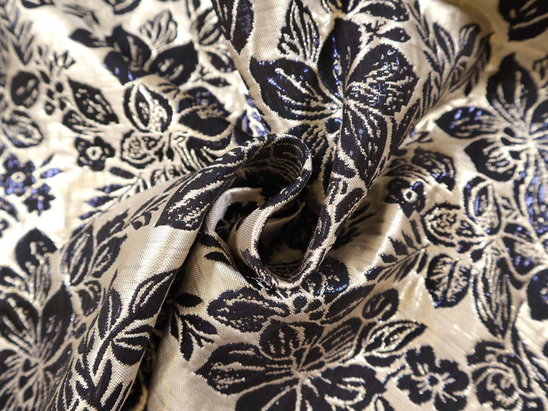 Metallic Brocade with Tropical Florals in Blue & Pale Gold