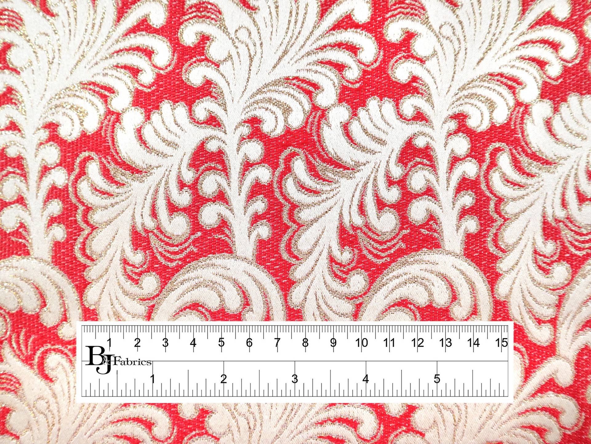 Metallic Brocade with Lush Feathers in Red & Gold