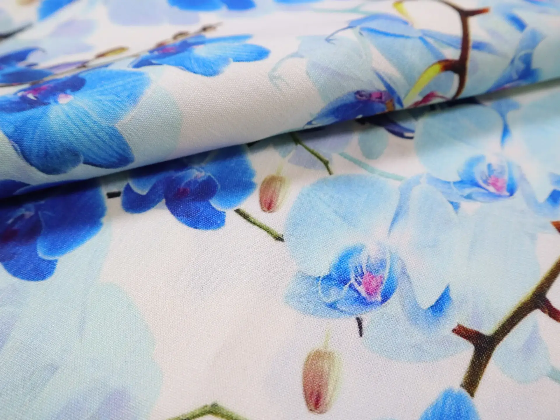 Stretch Linen with Blue Orchids Print