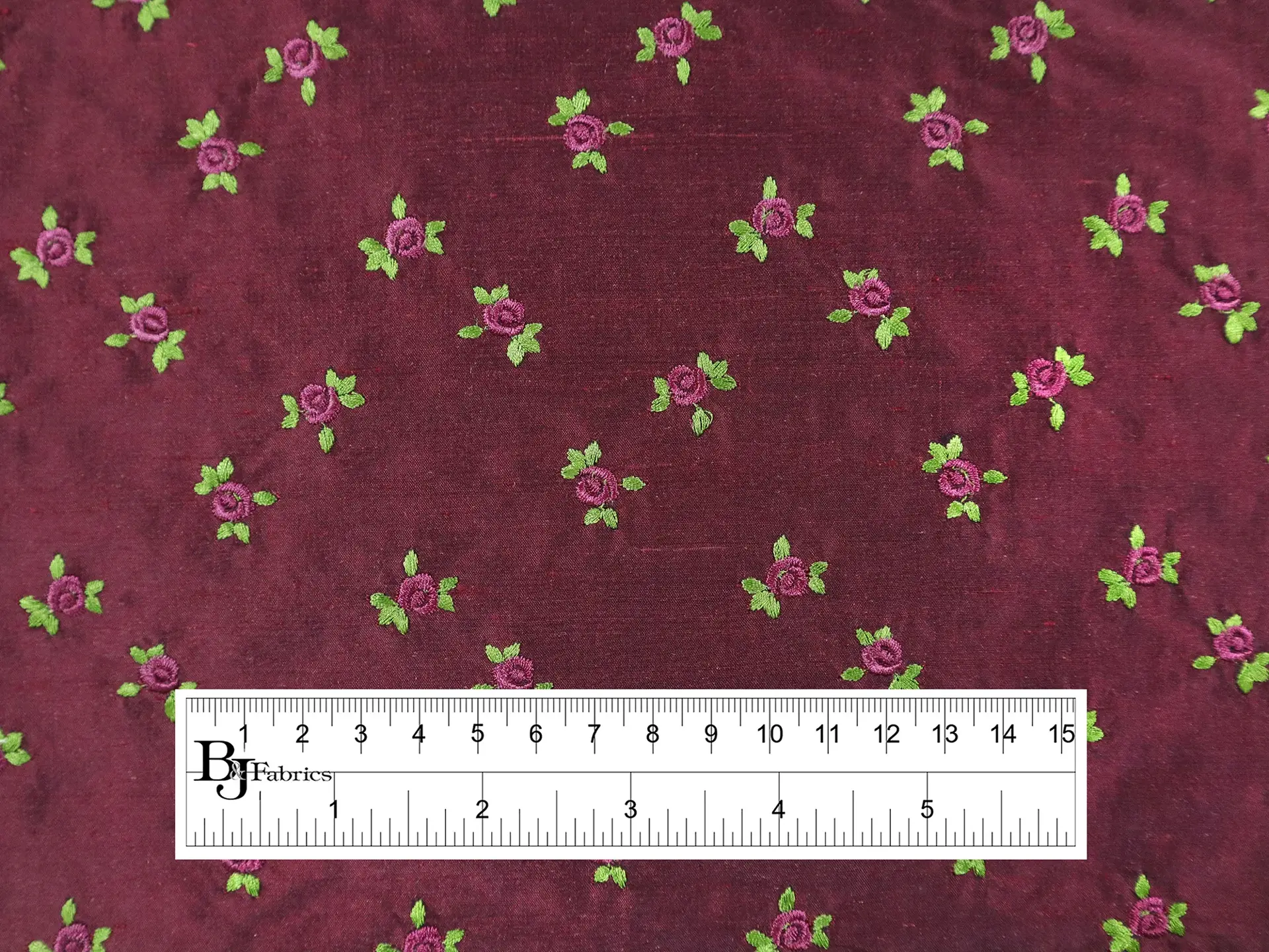 Silk Shantung with Embroidered Roses in Wine