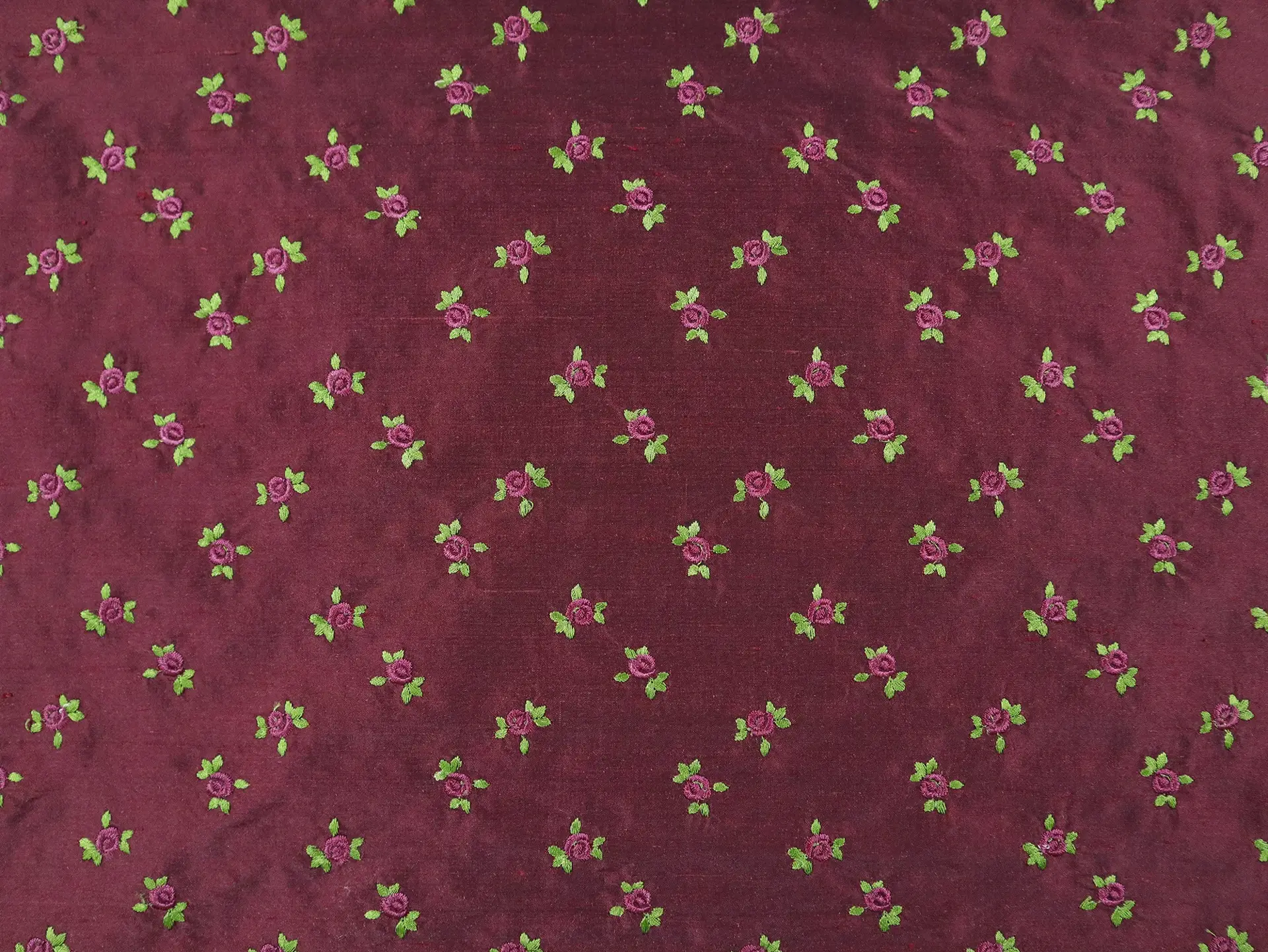 Silk Shantung with Embroidered Roses in Wine