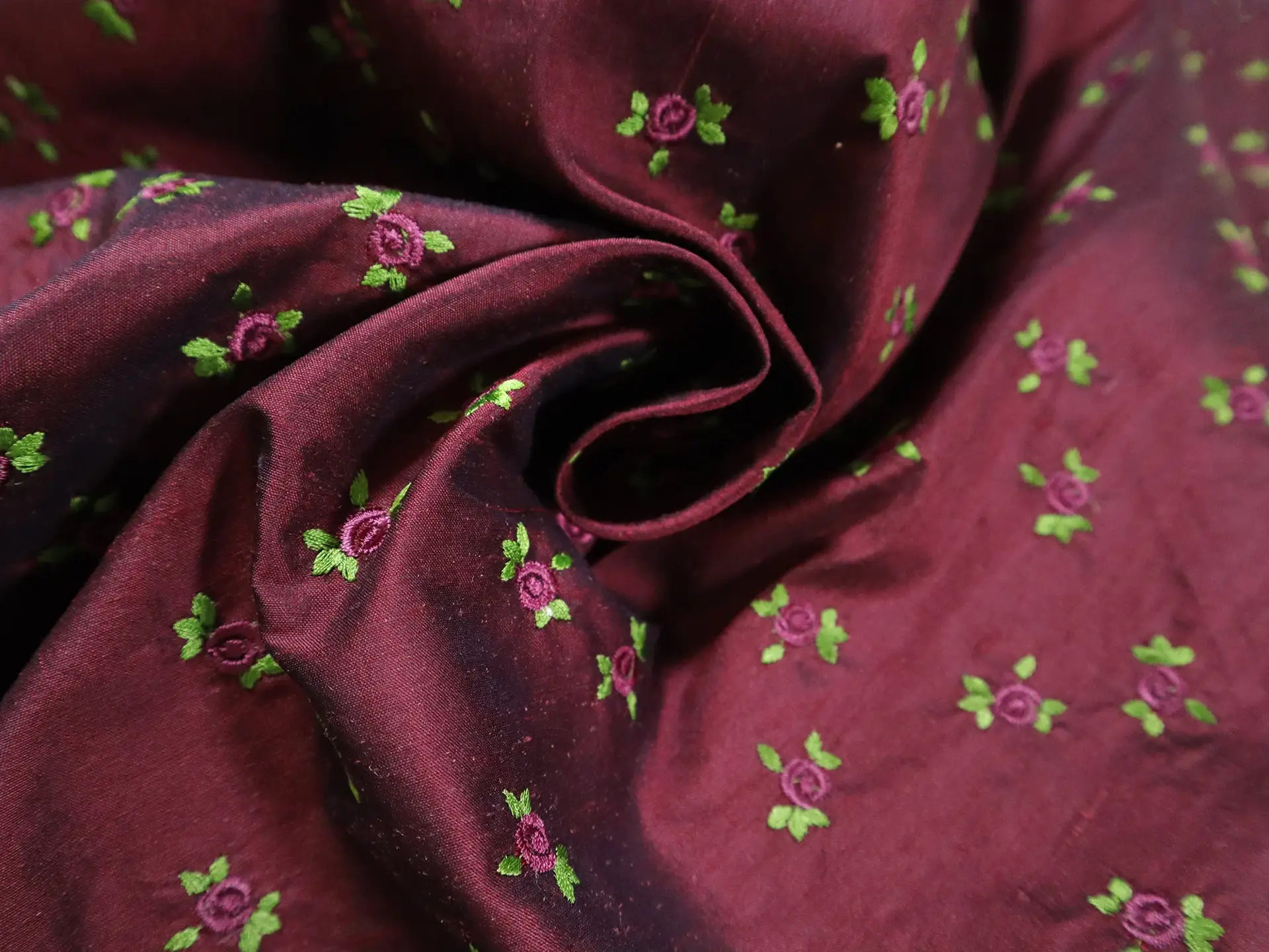 Silk Shantung with Embroidered Roses in Wine