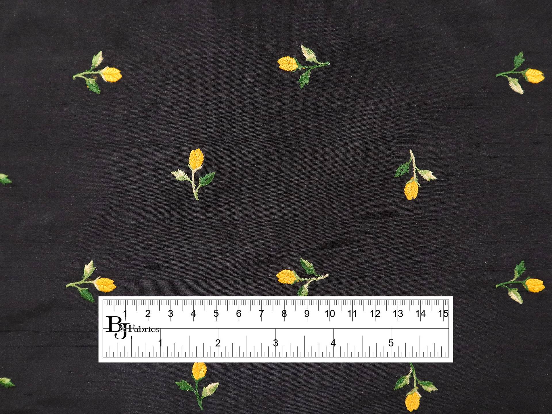 Silk Shantung with Embroidered Tulips in Black
