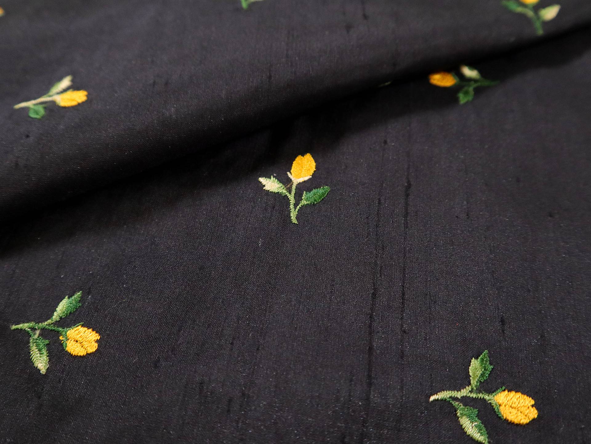 Silk Shantung with Embroidered Tulips in Black