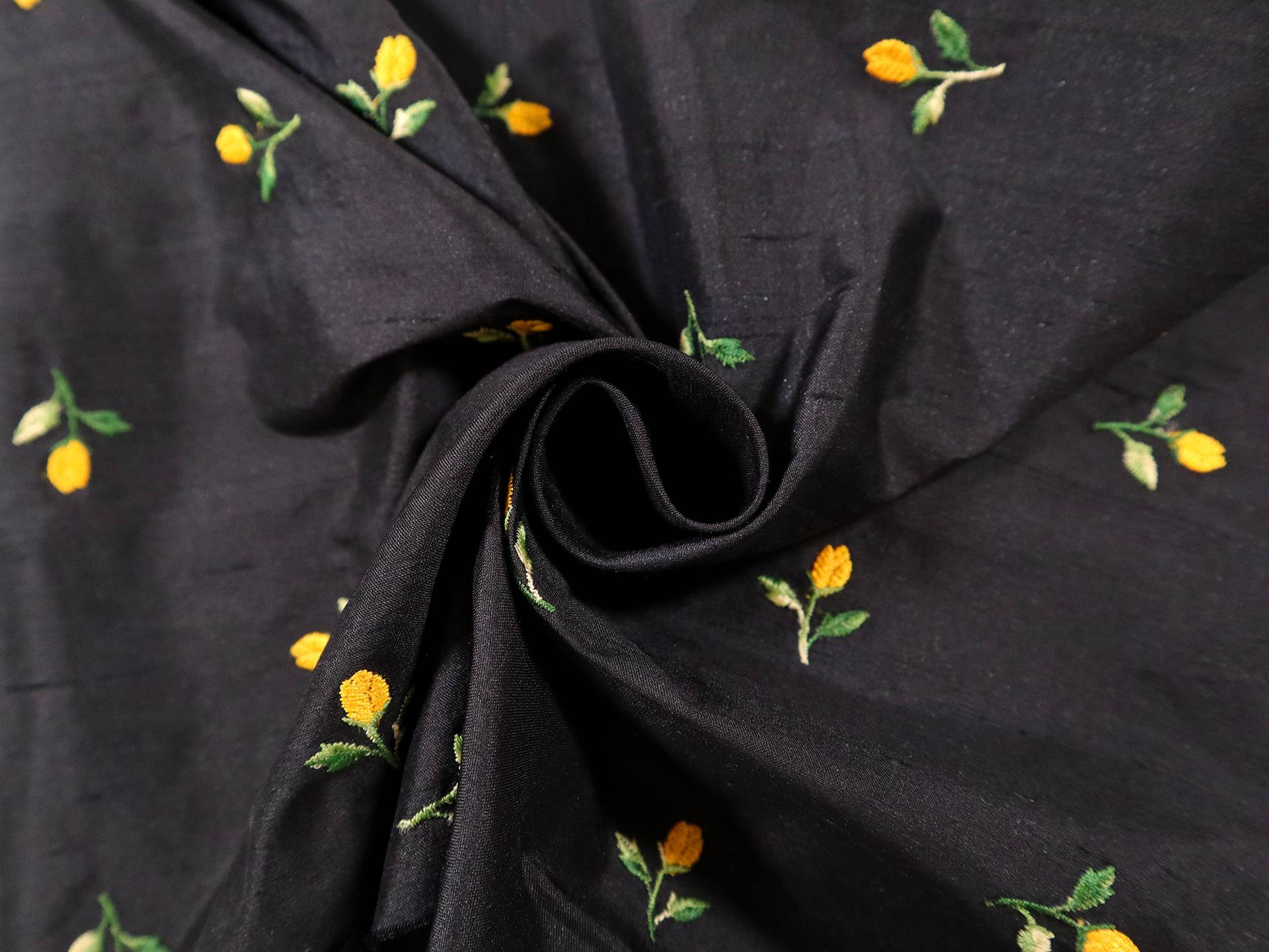 Silk Shantung with Embroidered Tulips in Black