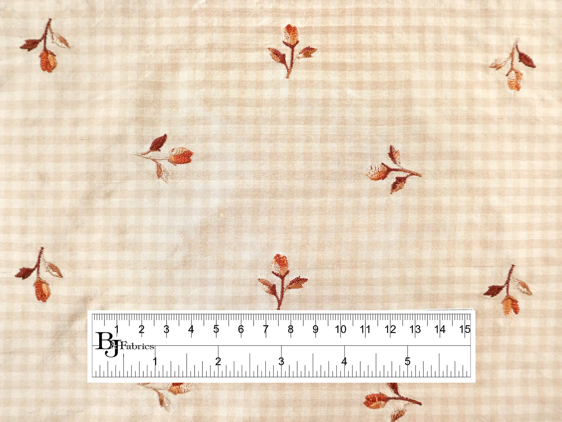 Silk Shantung Gingham with Floral Embroidery in Beige