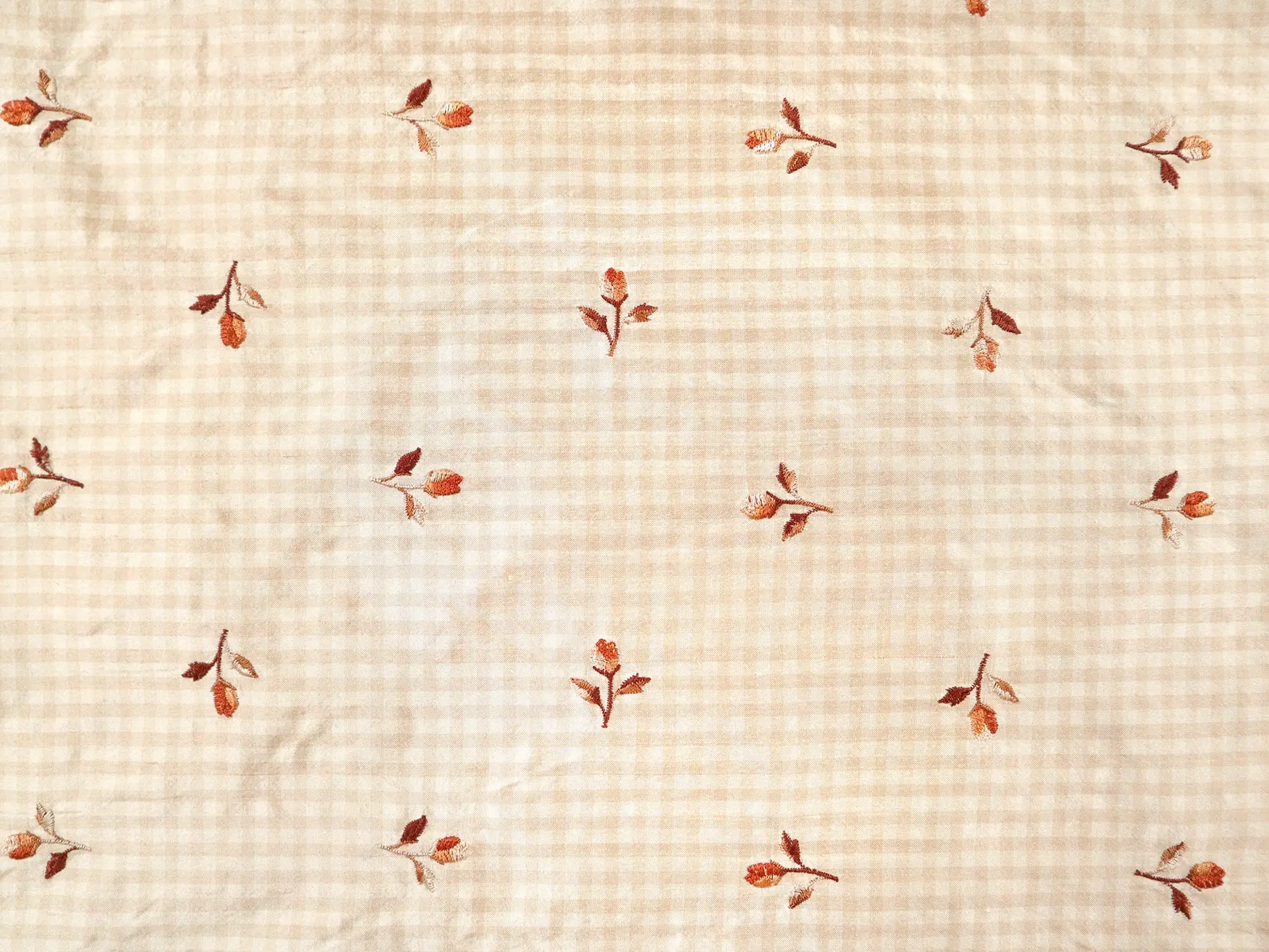 Silk Shantung Gingham with Floral Embroidery in Beige