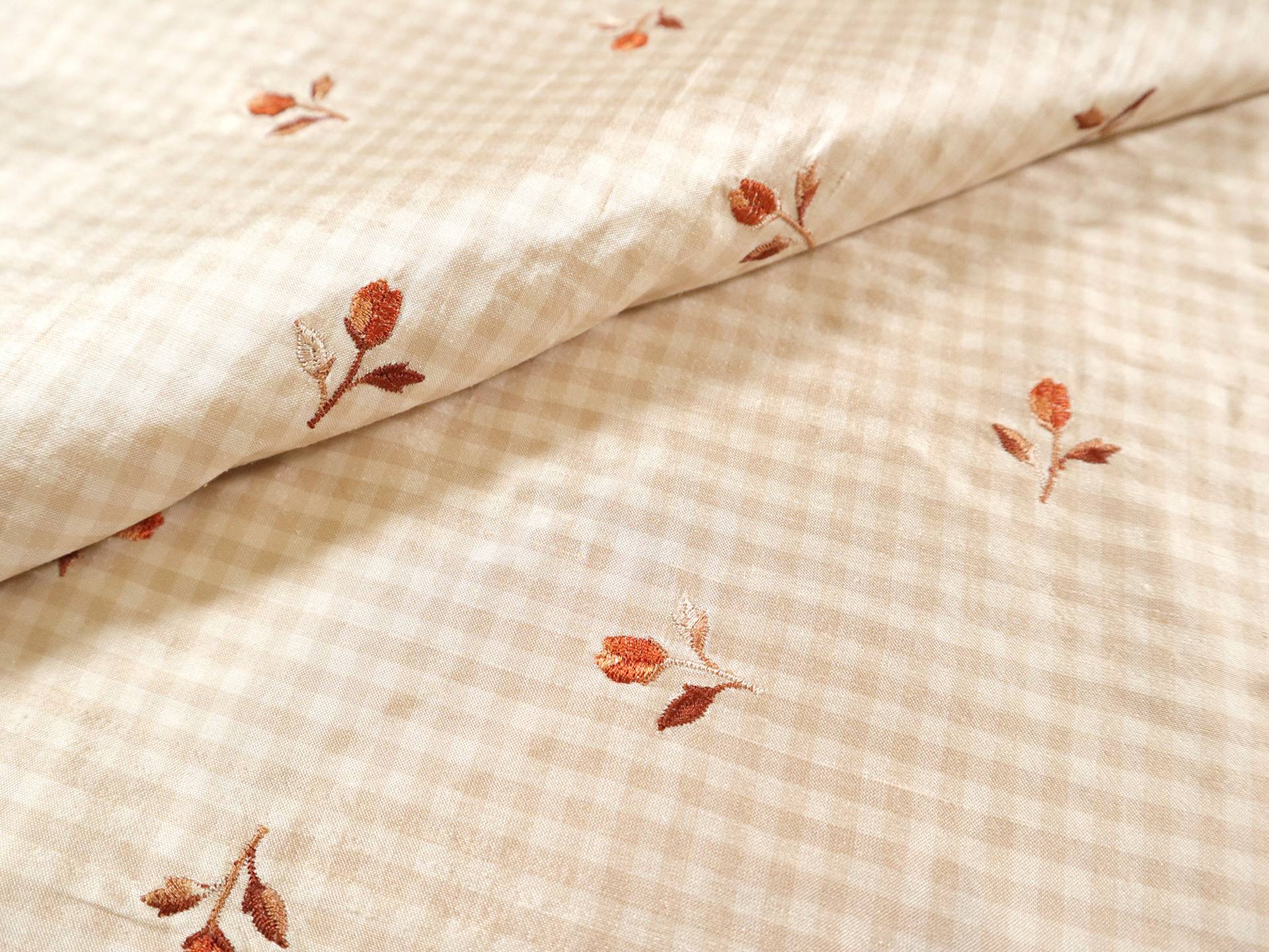 Silk Shantung Gingham with Floral Embroidery in Beige