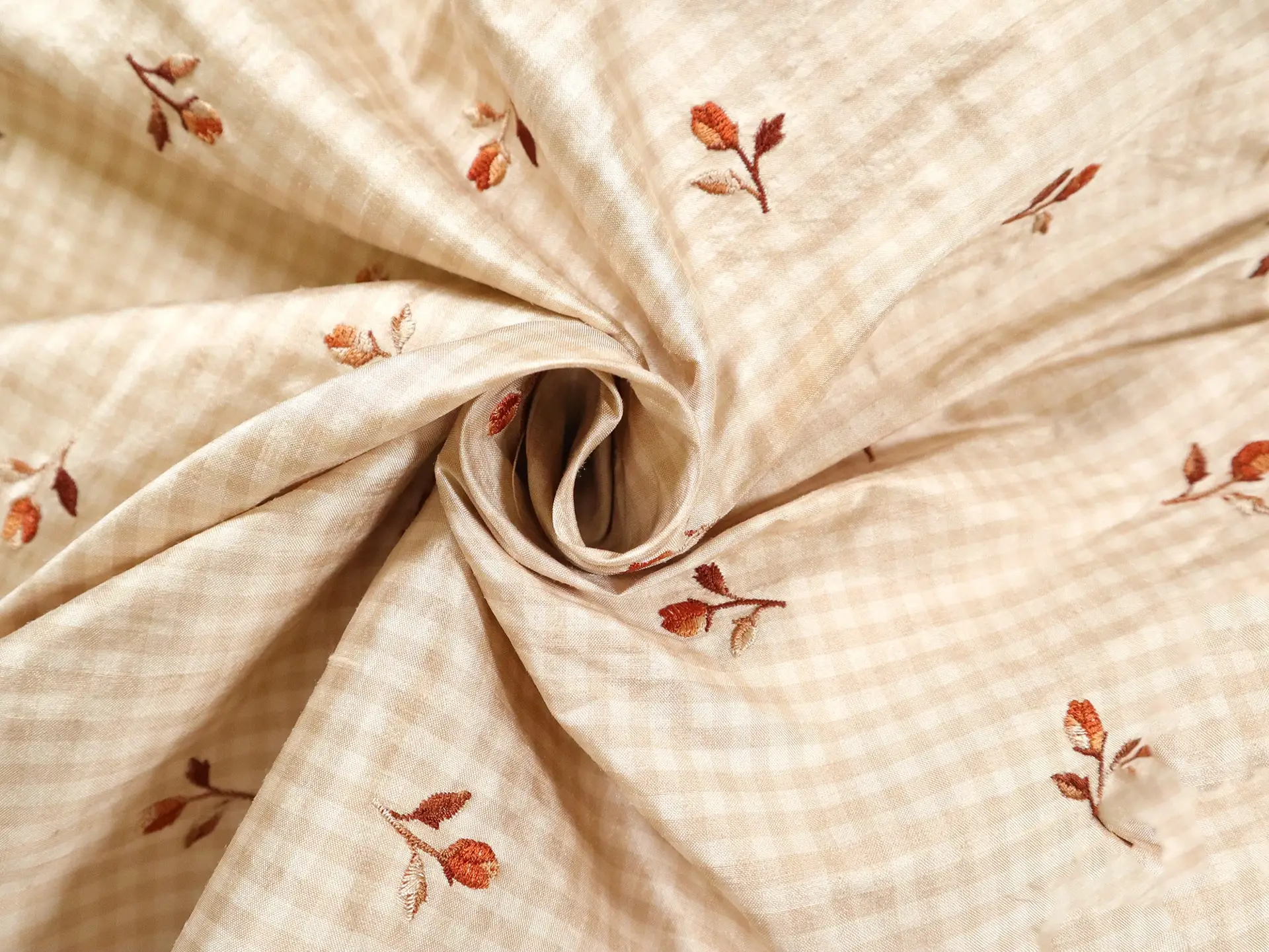 Silk Shantung Gingham with Floral Embroidery in Beige