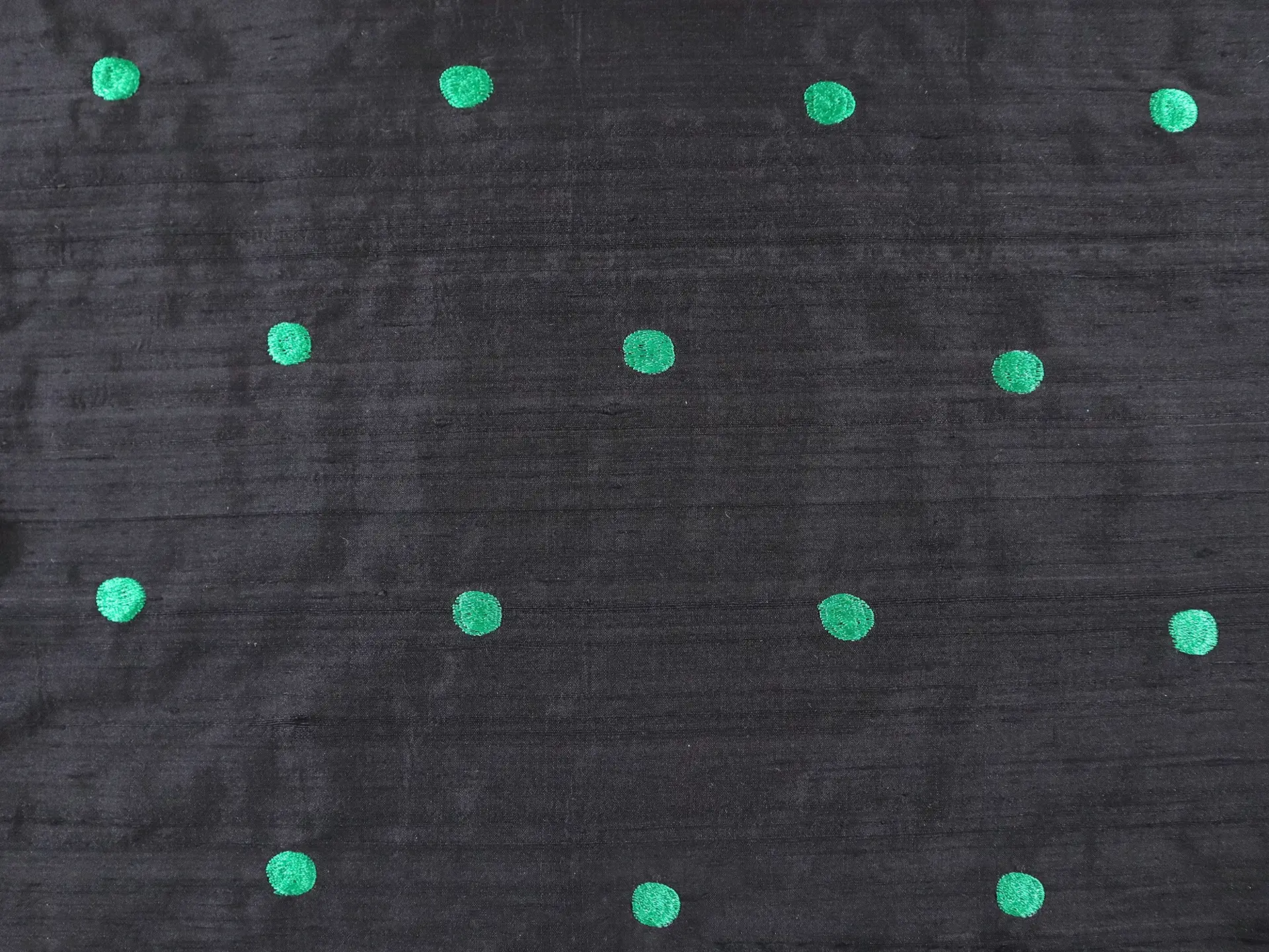 Silk Shantung with Embroidered Dots in Black & Emerald