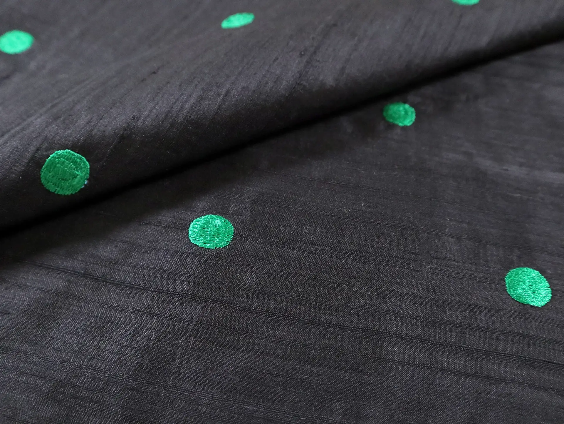 Silk Shantung with Embroidered Dots in Black & Emerald