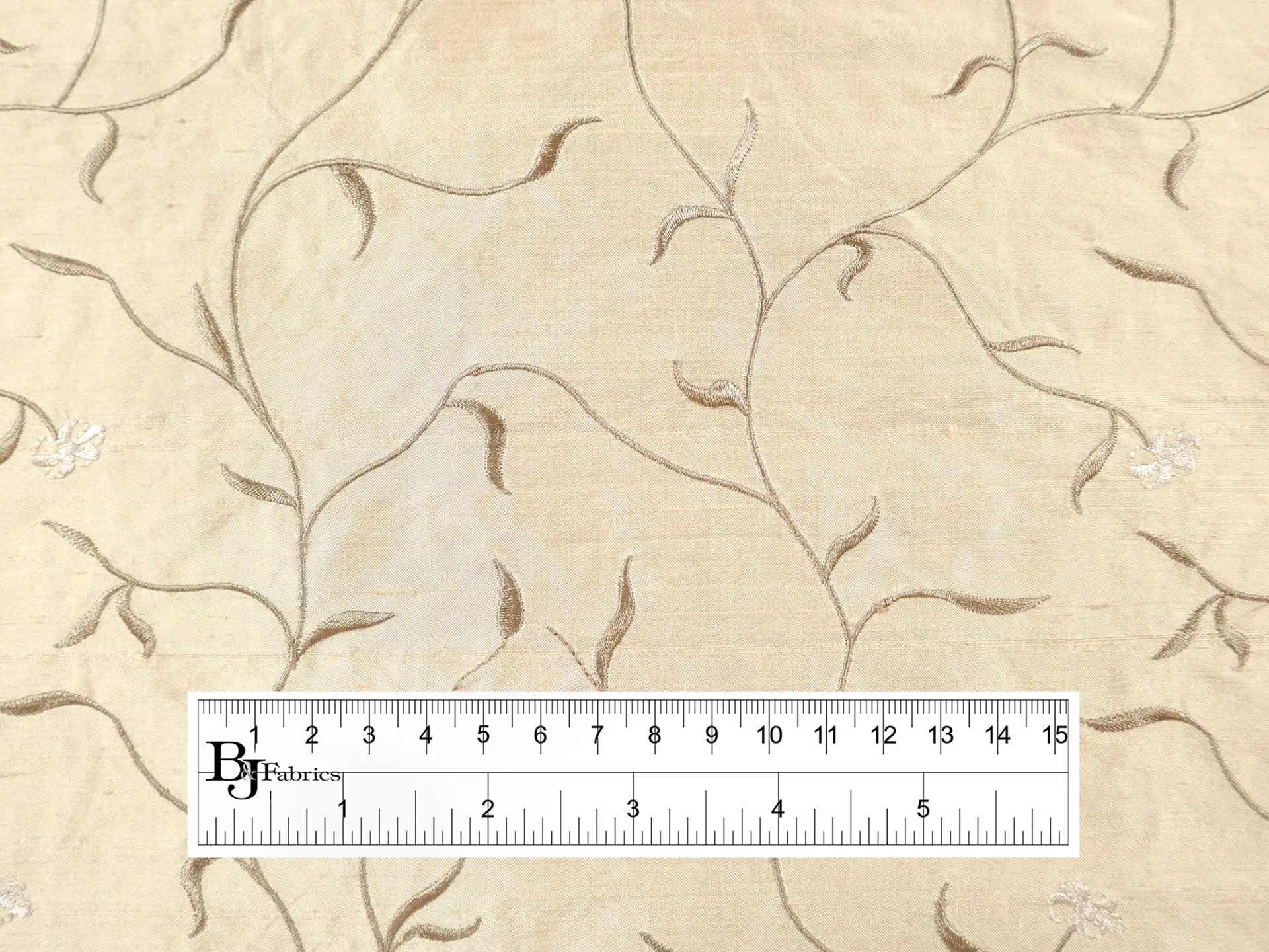 Silk Shantung with Embroidered Leaves in Magnolia