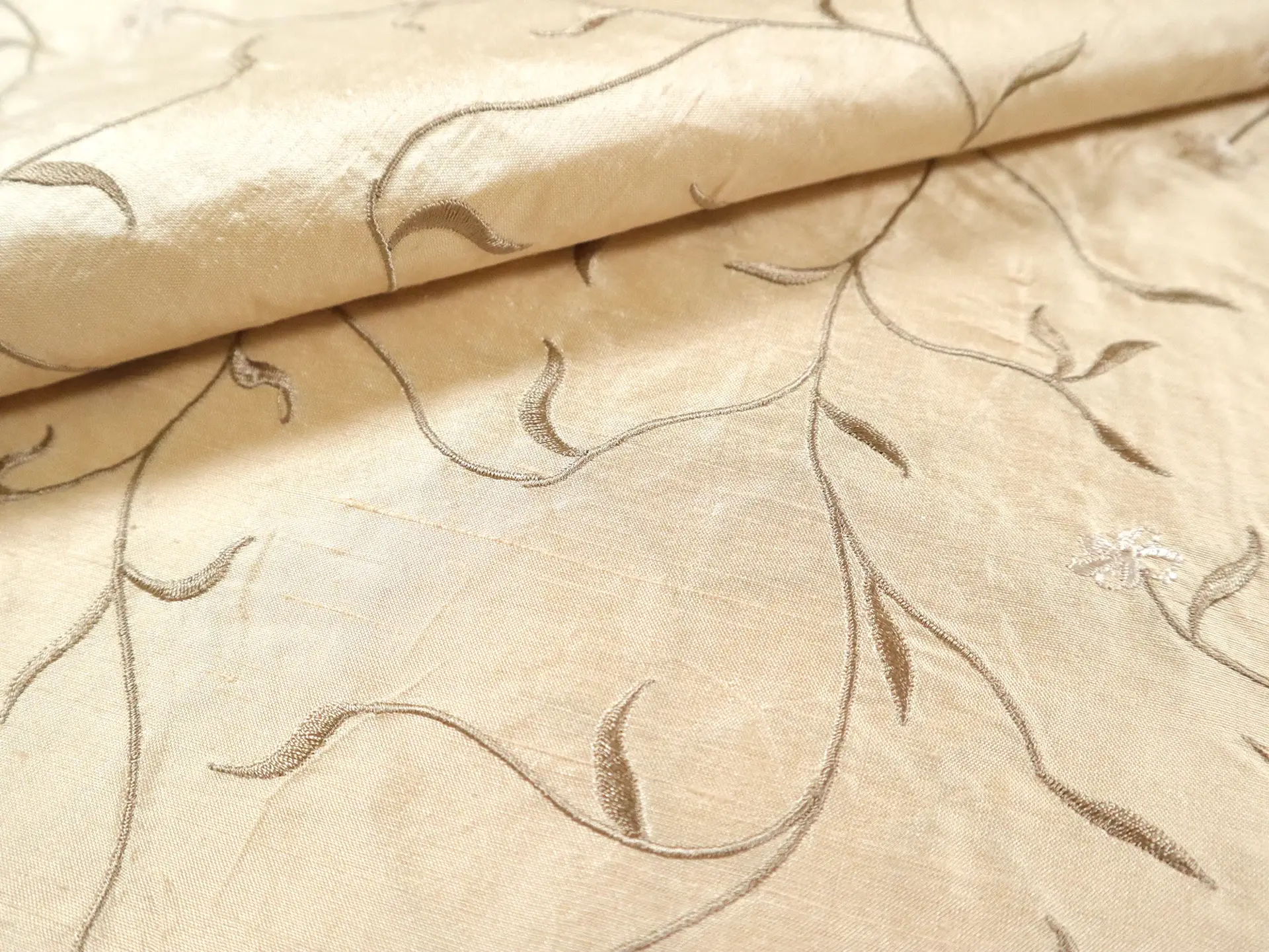 Silk Shantung with Embroidered Leaves in Magnolia