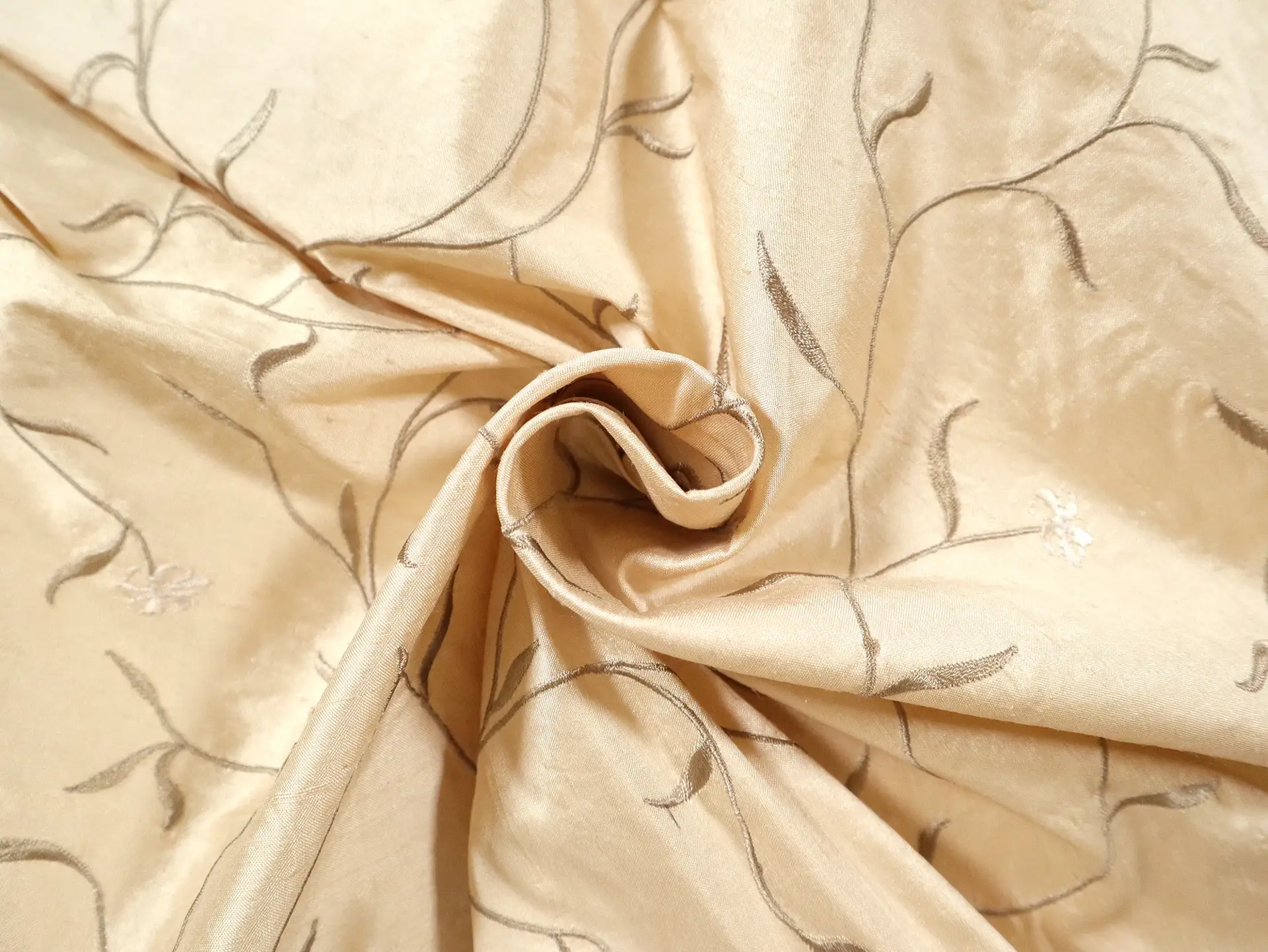 Silk Shantung with Embroidered Leaves in Magnolia