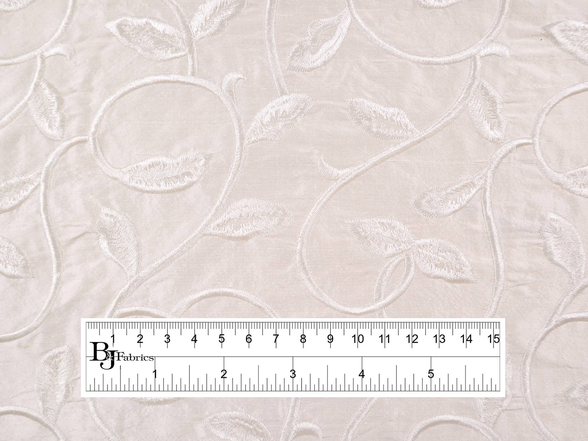 Silk Shantung with Embroidered Leaves in Off White