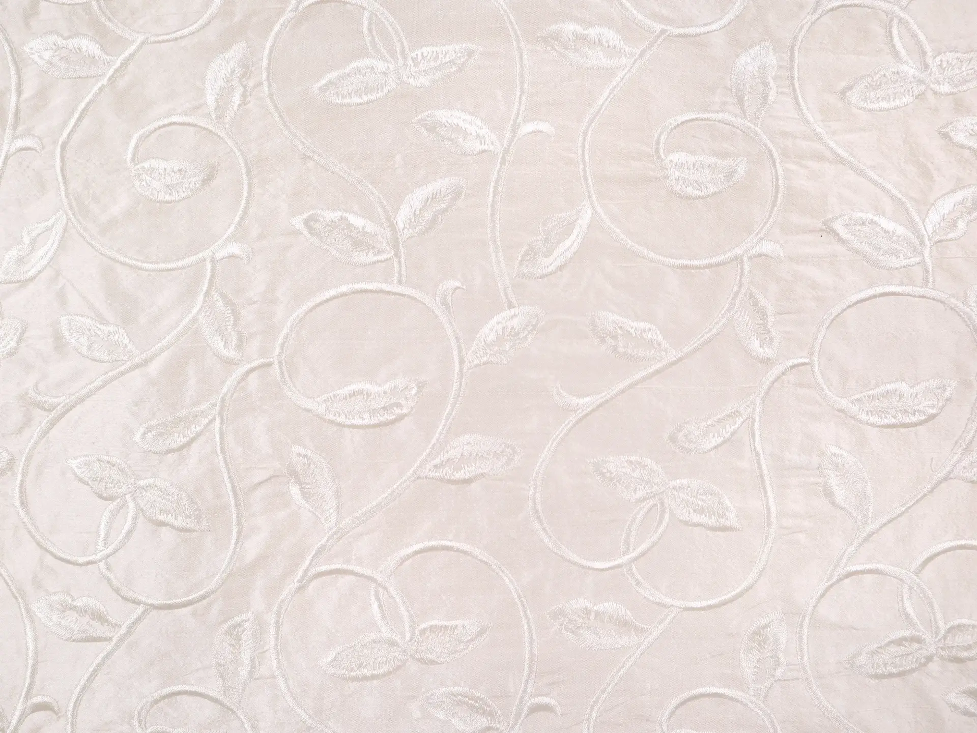 Silk Shantung with Embroidered Leaves in Off White